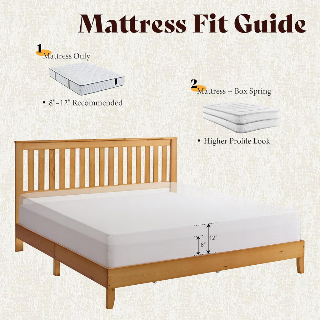 AMERLIFE Full Bed Frame, Solid Wood Platform Bed with Vertical Slats Headboard, Wooden Bedframe Full-Size, Sturdy Wooden Slats Support, No Box Spring Needed, Noise Free, Light Wood