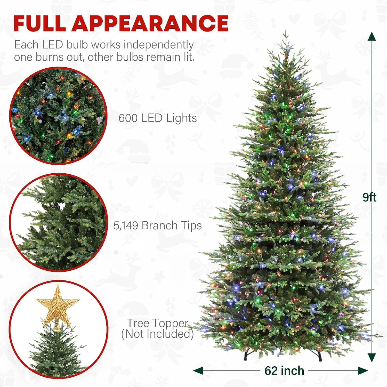 9 ft Lighted Artificial Christmas Tree, 600 Color Changing LED Lights, 5149 PE&PVC Mixed Branch Tips, Metal Base and Hinged Branches for Party, Home, Holiday, 10 Modes
