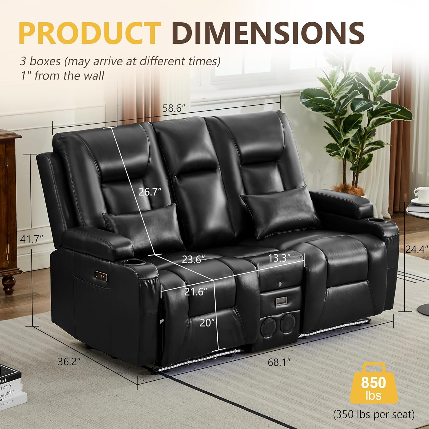 URRED Power Loveseat Recliner Sofa with Console, Wall Hugger Reclining Loveseat RV Couch with LED Light, 150° Zero Gravity Recliners Modular Couches for Living Room (Glossy Black, 68.1'' - 2 Seats)