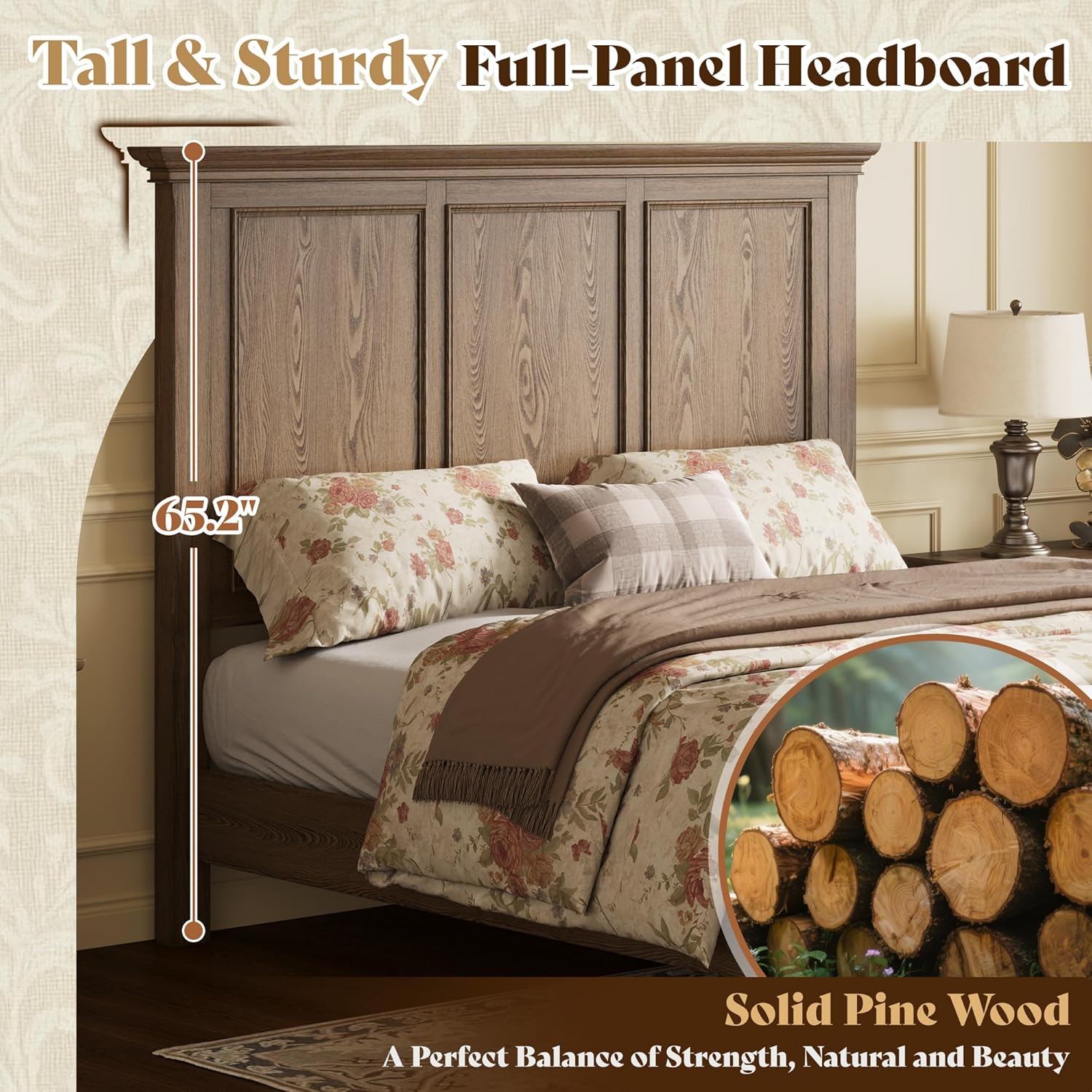 AMERLIFE Solid Wood King Bed Frame with 65.2" High Headboard, Traditional Platform Bed with Heavy Duty Slats, No Box Spring Needed, Easy Assembly, Light Brown