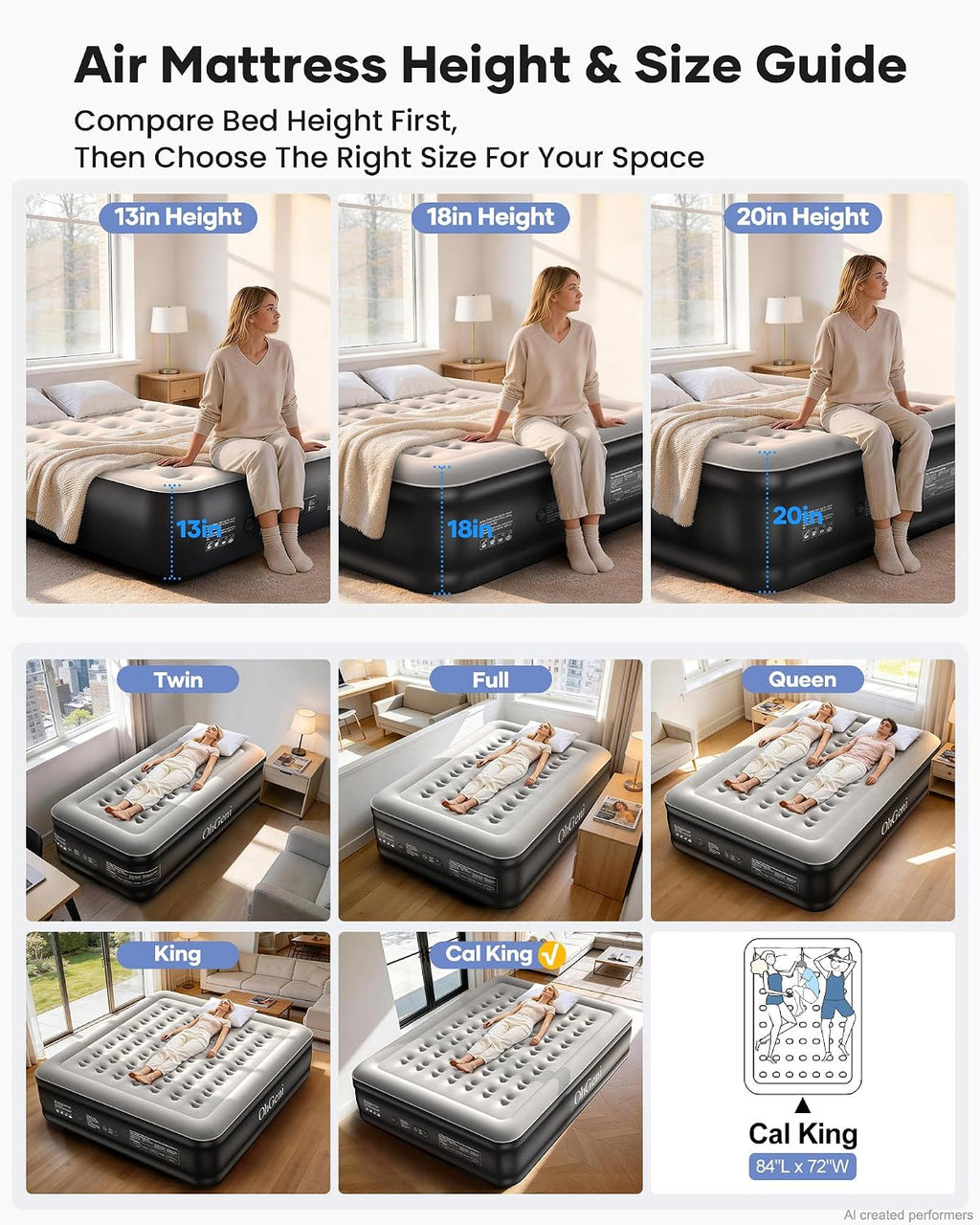 OhGeni 20" Raised Cal King Air Mattress with Built in Pump, Keep Feet from Dangling, Extra Length Blow up Mattress, Back-Friendly Airbed for Guests, Luxury Comfort for People(190CM Height), 700lbs