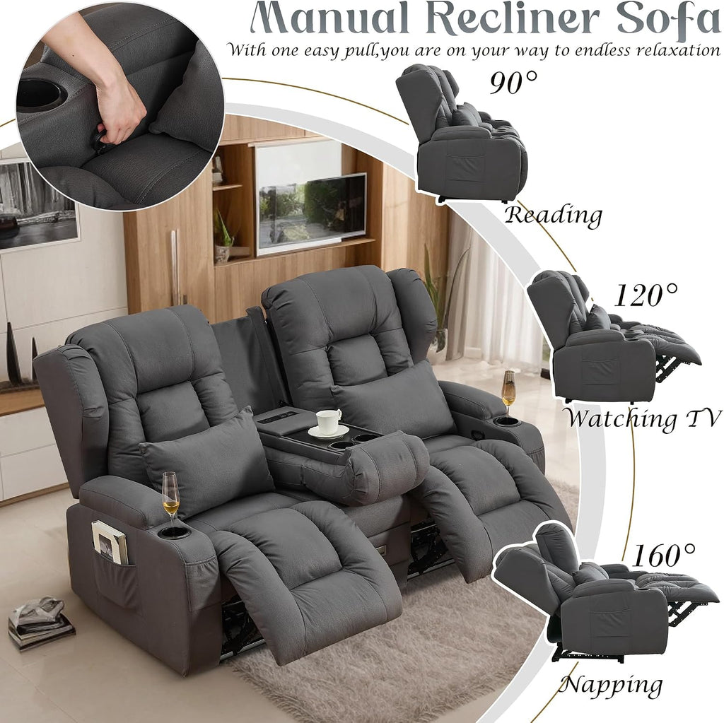 URRED Loveseat Recliner Sofa, Manual Reclining Loveseat Sofa with Flip-Down Console, Home Theater RV Recliner Couch with Cup Holders and Storage for Living Room (Grey)
