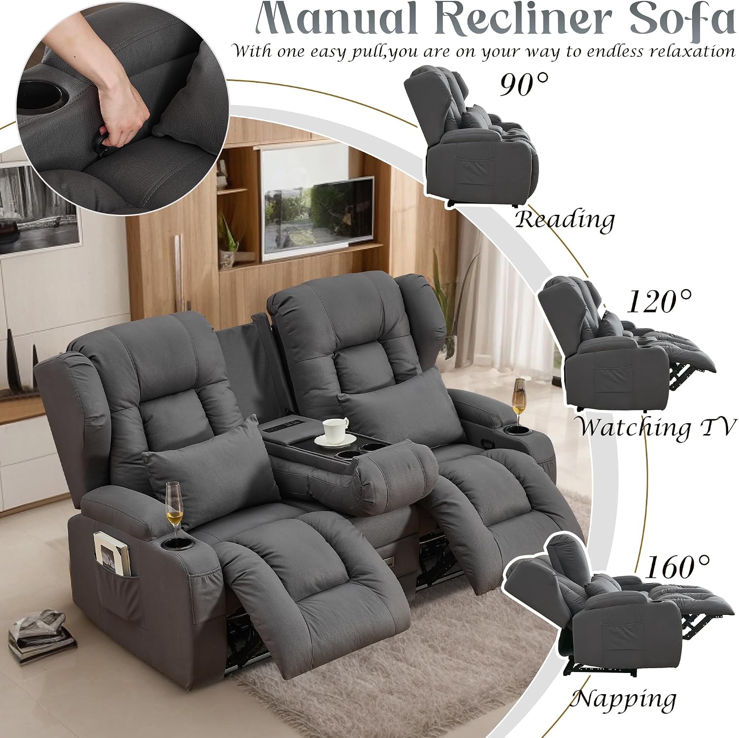 URRED Loveseat Recliner Sofa, Manual Reclining Loveseat Sofa with Flip-Down Console, Home Theater RV Recliner Couch with Cup Holders and Storage for Living Room (Grey)