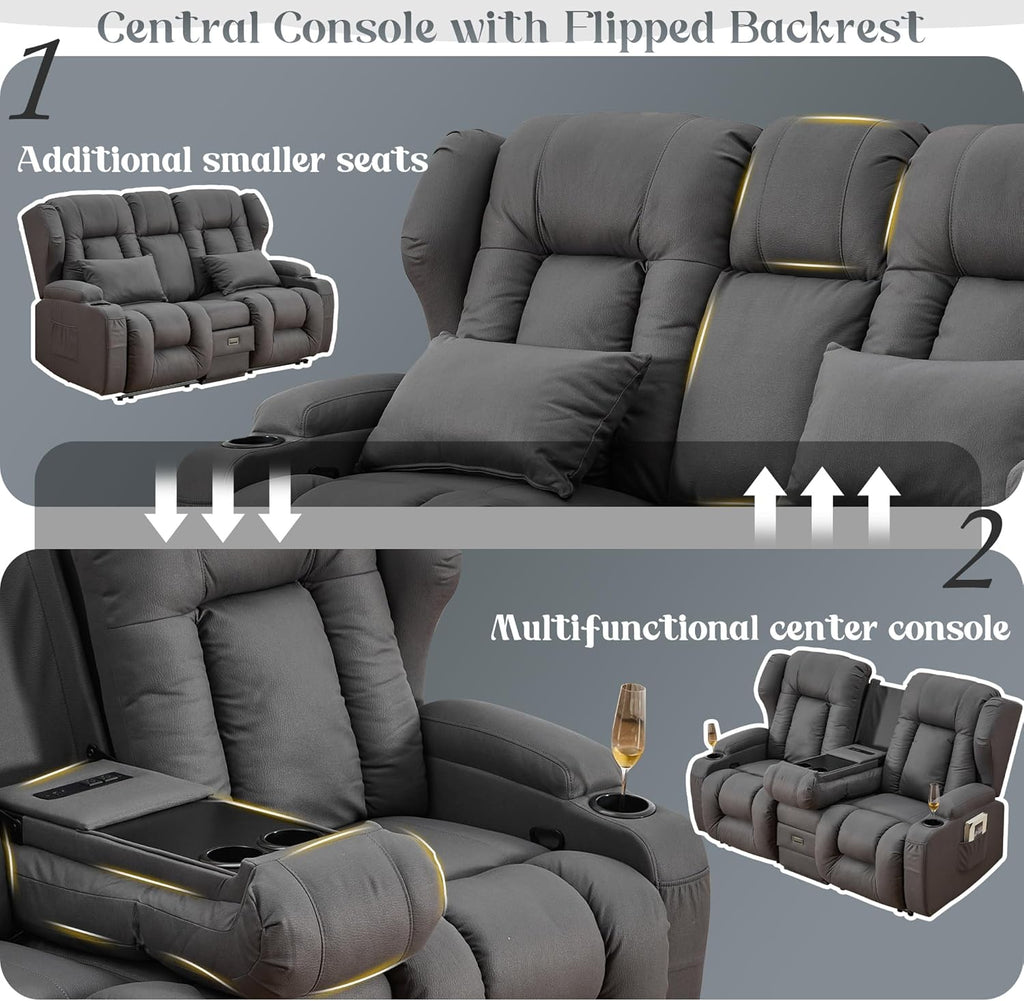 URRED Loveseat Recliner Sofa, Manual Reclining Loveseat Sofa with Flip-Down Console, Home Theater RV Recliner Couch with Cup Holders and Storage for Living Room (Grey)