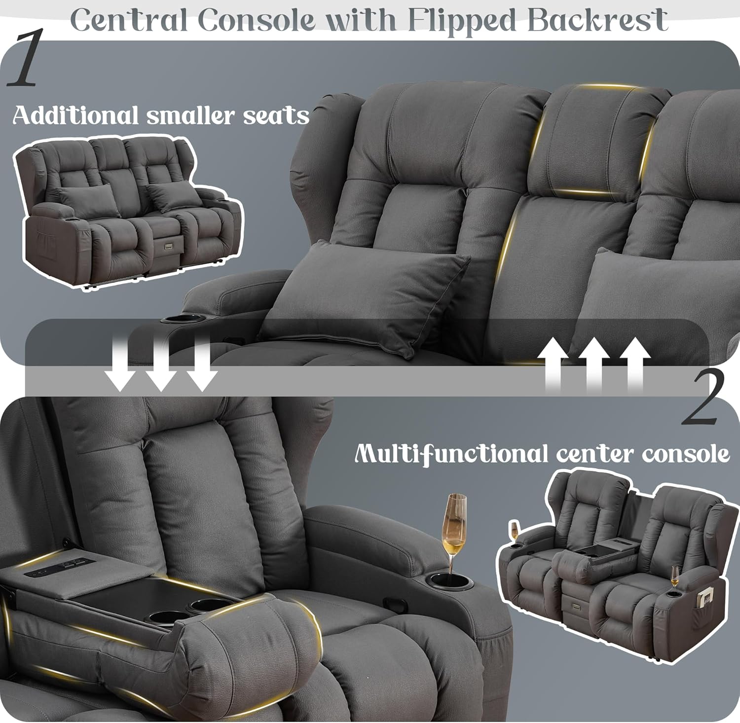 URRED Loveseat Recliner Sofa, Manual Reclining Loveseat Sofa with Flip-Down Console, Home Theater RV Recliner Couch with Cup Holders and Storage for Living Room (Grey)