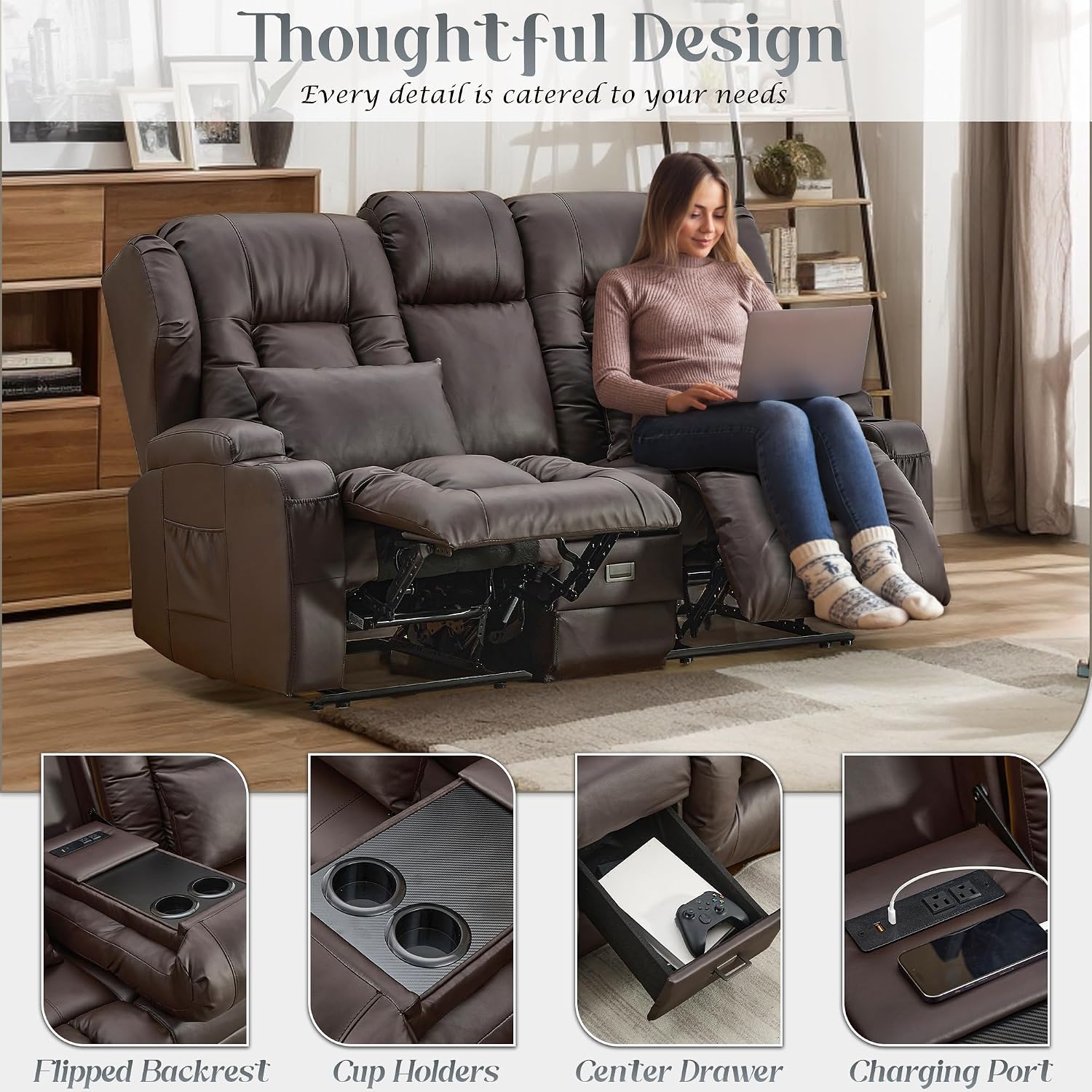 URRED Loveseat Recliner Sofa, Manual Reclining Loveseat Sofa with Flip-Down Console, Home Theater RV Recliner Couch with Cup Holders and Storage for Living Room (Brown)