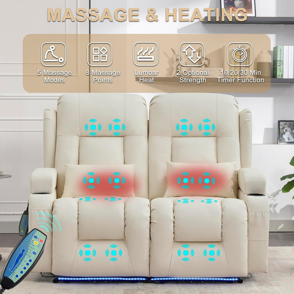 URRED Power Loveseat Recliner Sofa with Massage and Heat, Wall Hugger Reclining Loveseat, RV Couch Home Theater Seating with LED Lights for Living Room (Irovy, 54" - 2 Seats)