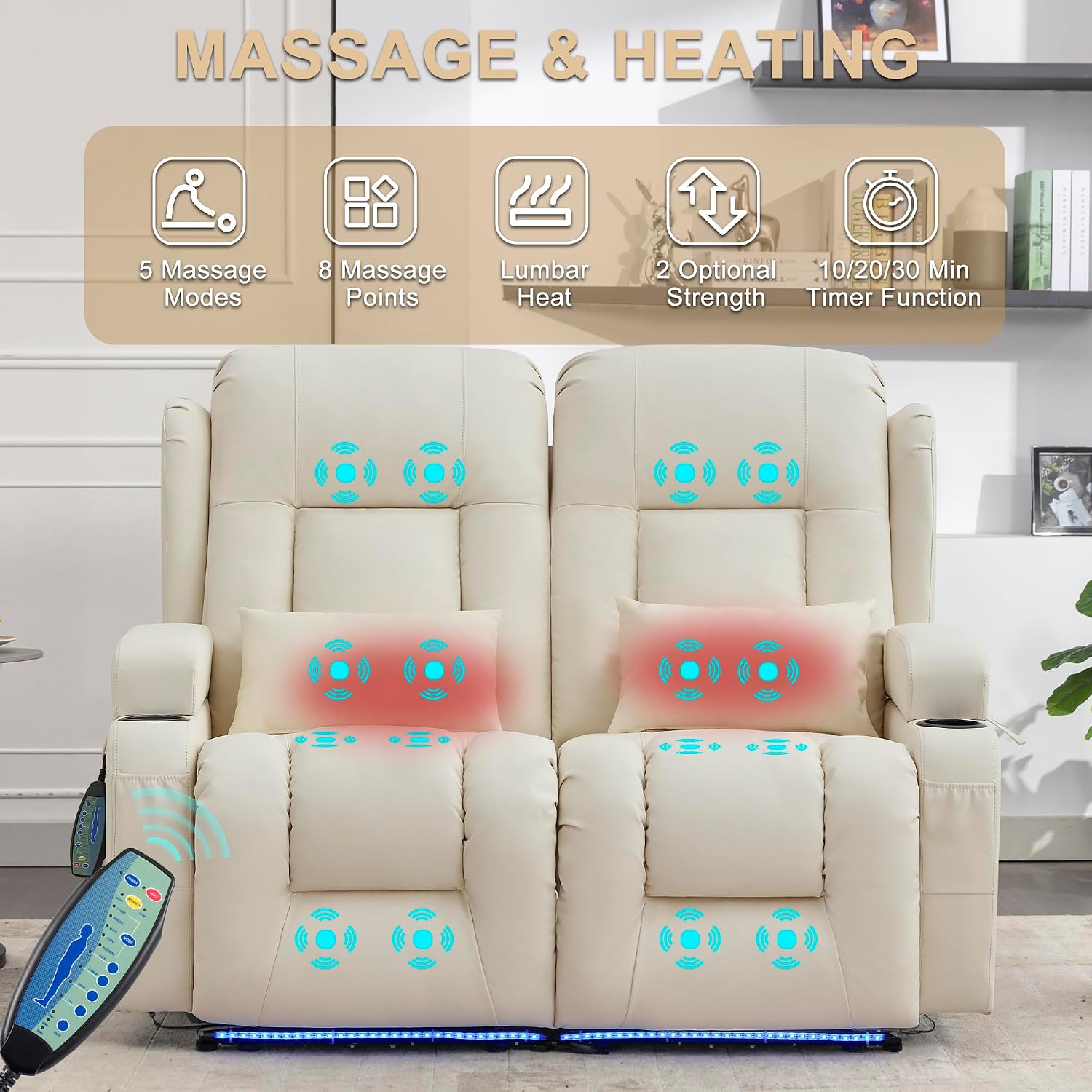 URRED Power Loveseat Recliner Sofa with Massage and Heat, Wall Hugger Reclining Loveseat, RV Couch Home Theater Seating with LED Lights for Living Room (Irovy, 54" - 2 Seats)