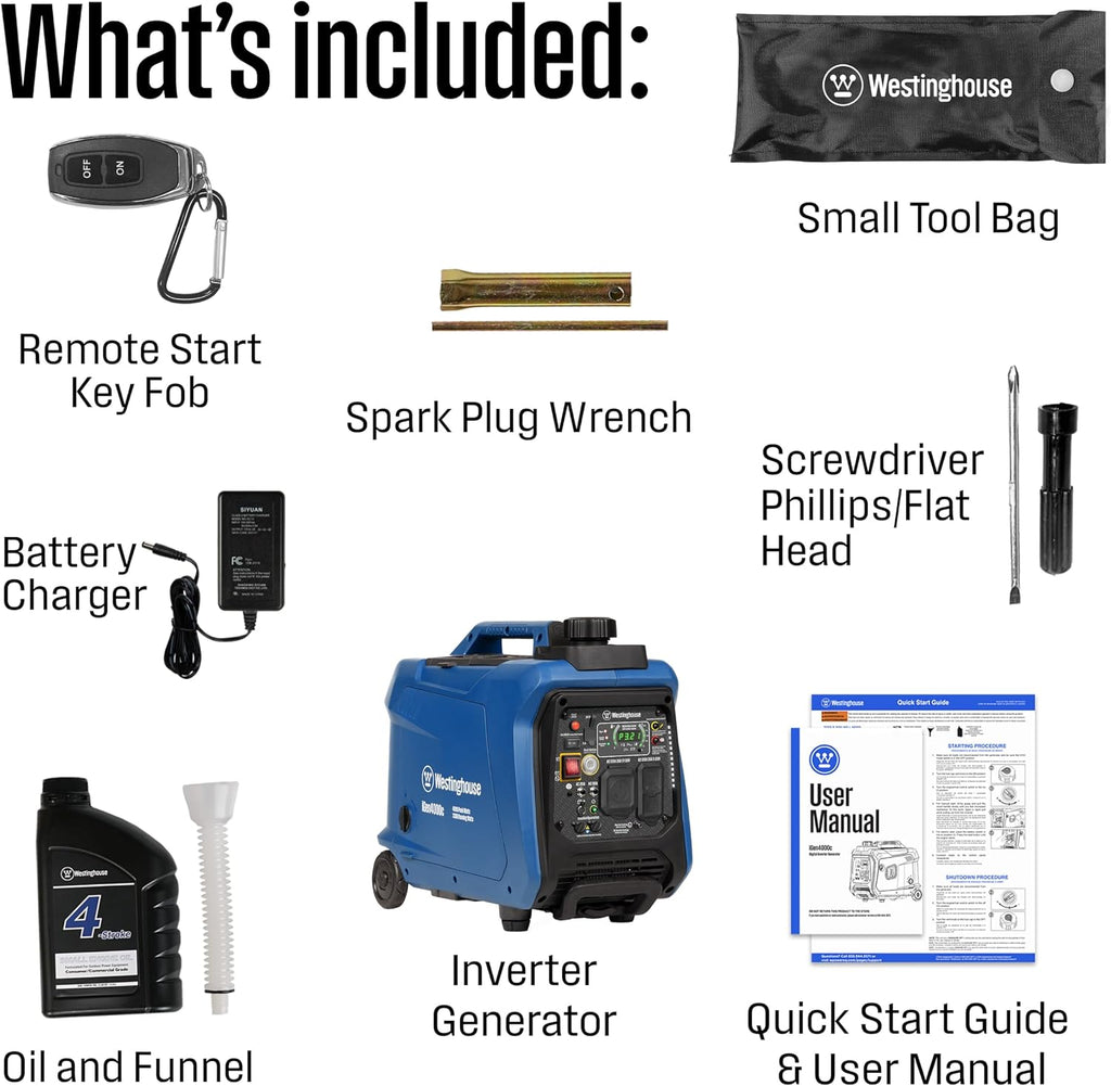 Westinghouse 4000 Peak Watt Super Quiet Portable Inverter Generator, Remote Electric Start with Auto Choke, RV Ready 30A Outlet, Gas Powered, CO Sensor, Parallel Capable