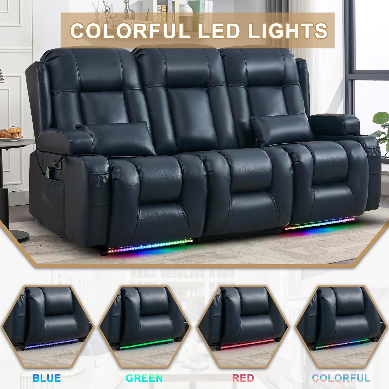 URRED Power Loveseat Recliner Sofa with Massage and Heat, Wall Hugger Reclining Loveseat with Console, RV Couch Home Theater Seating with LED Lights for Living Room (Dark Blue, 76.8" - 3 Seats)