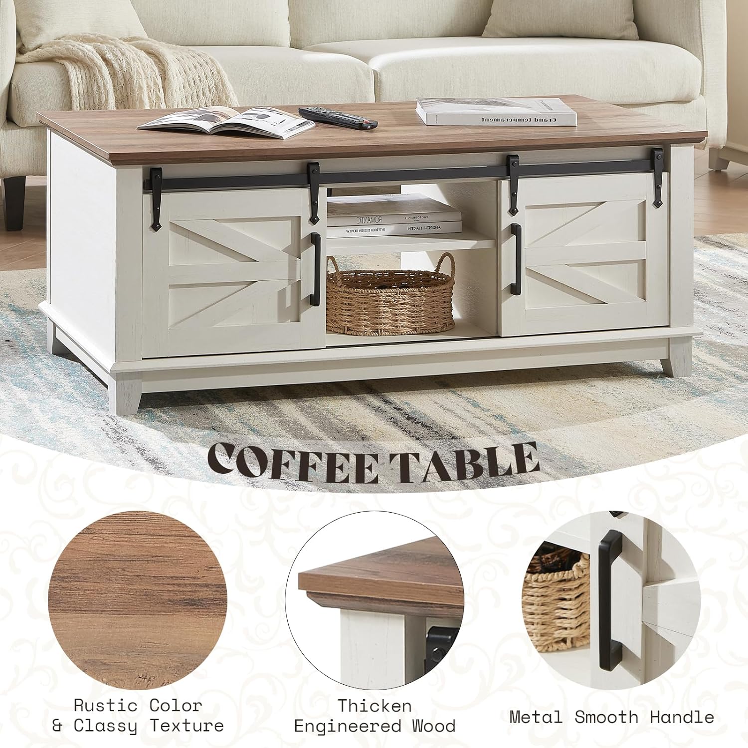 AMERLIFE Farmhouse 4-Piece Living Room Set, Entryway Console with Adjustable Shelves, Pair of 18" End Tables with Charging Station, Large Rectangular Coffee Table with Sliding Barn Doors, Rustic White