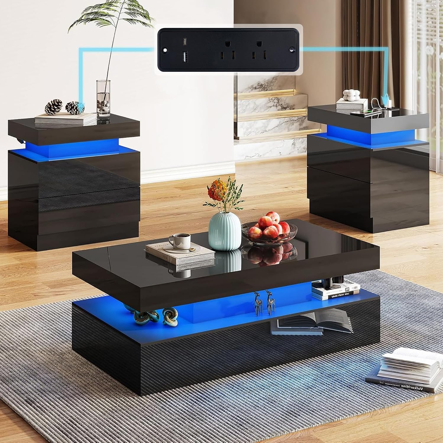 AMERLIFE 3-Piece High Gloss Living Room Table Set with LED Lights, Modern Coffee Table and 2 Side Tables, 2-Tier Center Table with Storage, Black Nightstands with Charging Station