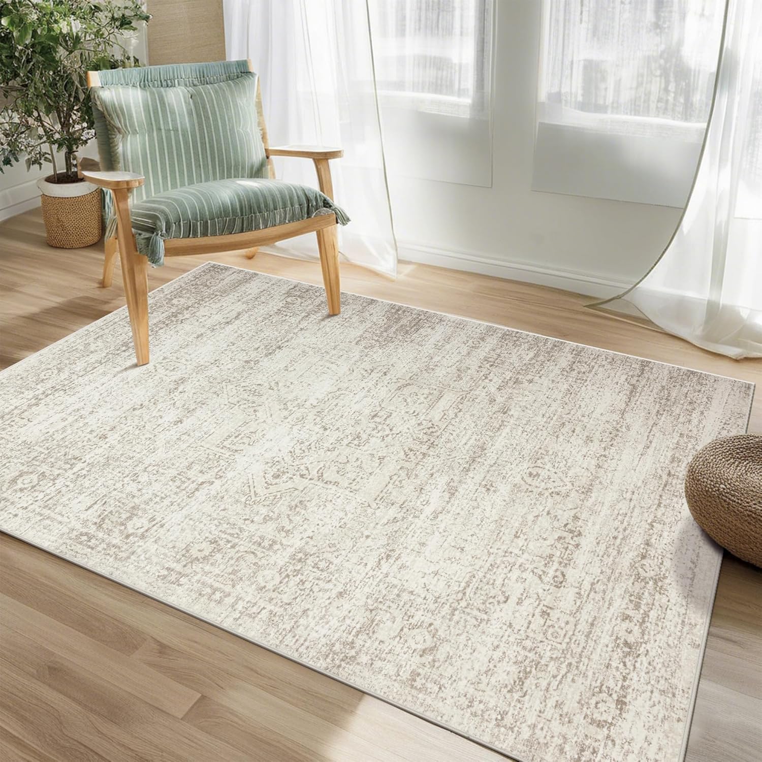 Srugn Washable Area Rug for Living, Bedroom & Dining Room, Ultra Soft Faux Wool Retro Large Carpet, Non-Slip/Shedding Low Pile Vintage Print for Home Office Decor, Beige Ivory Cream Brown Camel, 5x7