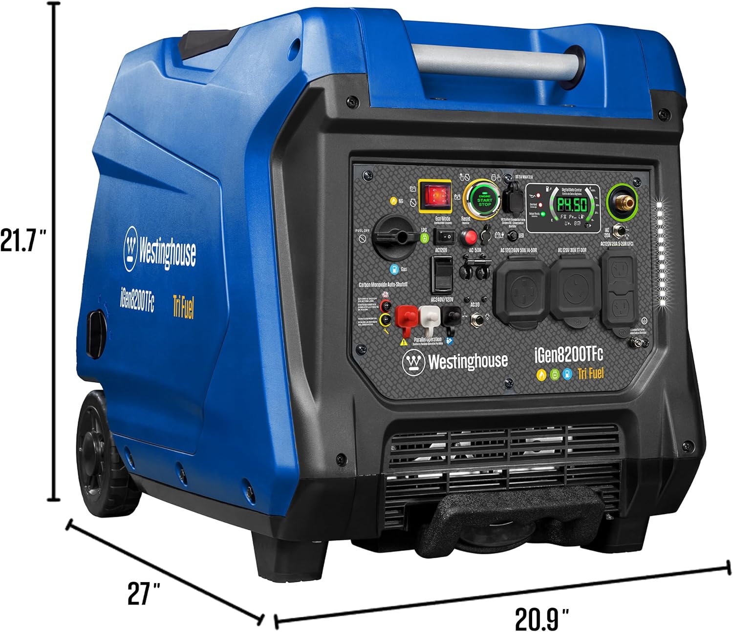 Westinghouse 8200 Peak Watt Tri-Fuel Portable Inverter Generator, Remote Electric Start, Transfer Switch Ready, Gas, Propane, Natural Gas, Low THD, Safe for Electronics, Parallel Capable, CO Sensor