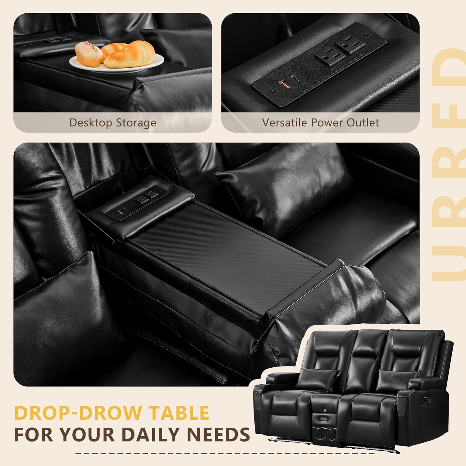 URRED Power Loveseat Recliner Sofa with Console, Wall Hugger Reclining Loveseat RV Couch with LED Light, 150° Zero Gravity Recliners Modular Couches for Living Room (Glossy Black, 68.1'' - 2 Seats)
