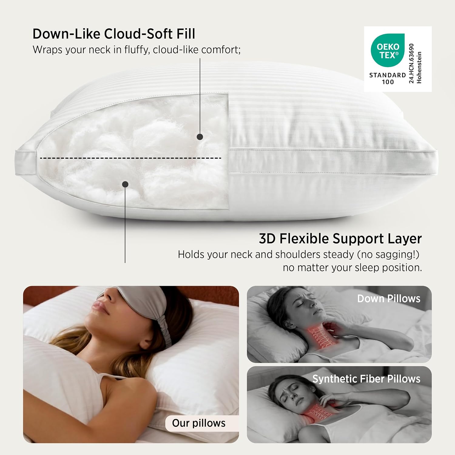 Bedsure Bed Pillows Queen Size Set of 2, Hotel-Quality Down Alternative Gusseted Pillows, PureWoven 100% Cotton Shell, Dual Chamber Construction for Fluffy Support, Ideal for Back & Stomach Sleepers