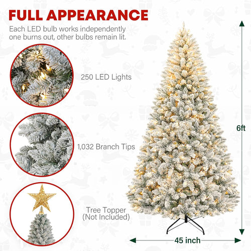 6ft Prelit Flocked Christmas Tree, Artificial Holiday Christmas Tree with 250 Warm White Lights, 1032 Branch Tips, Hinged Design & Metal Base, Easy Assembly for Indoor Decorating
