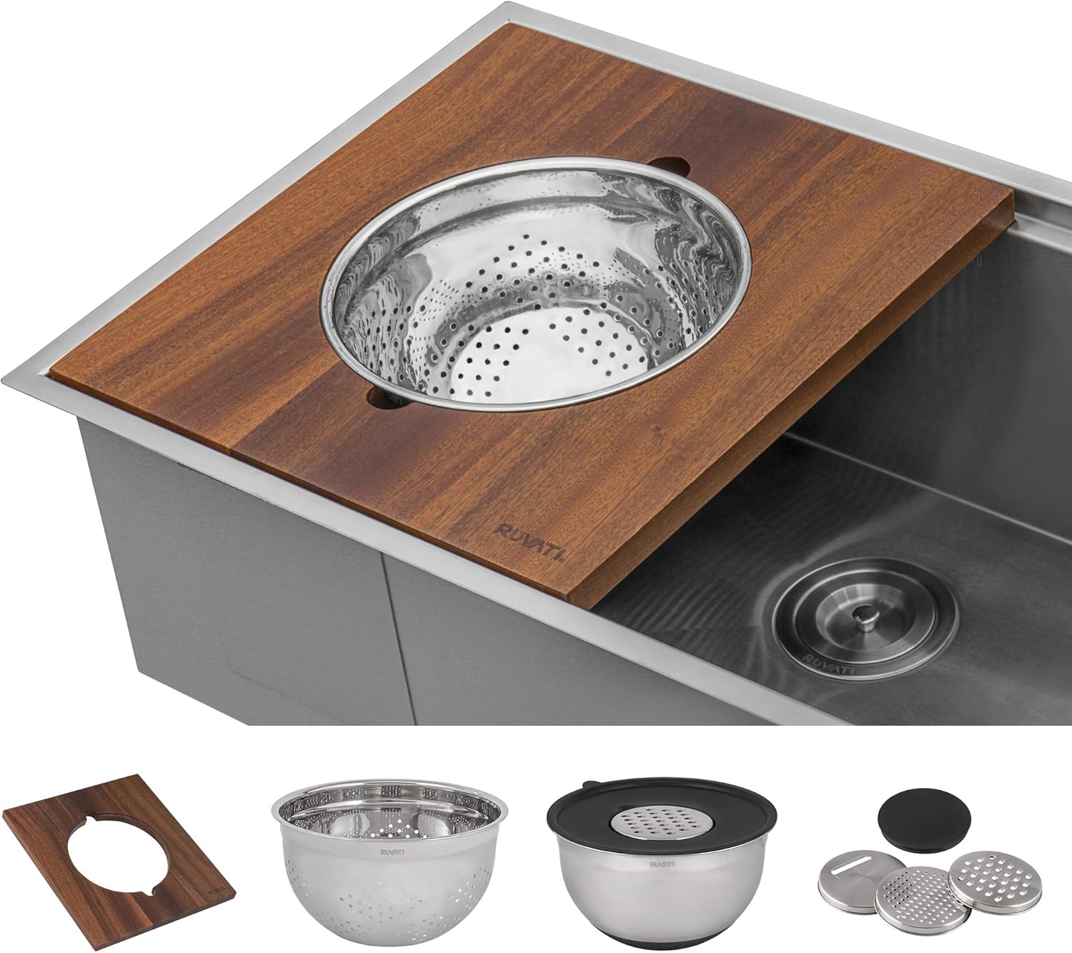 Ruvati Wood Platform with Mixing Bowl and Colander (complete set) for Workstation Sinks - RVA1288