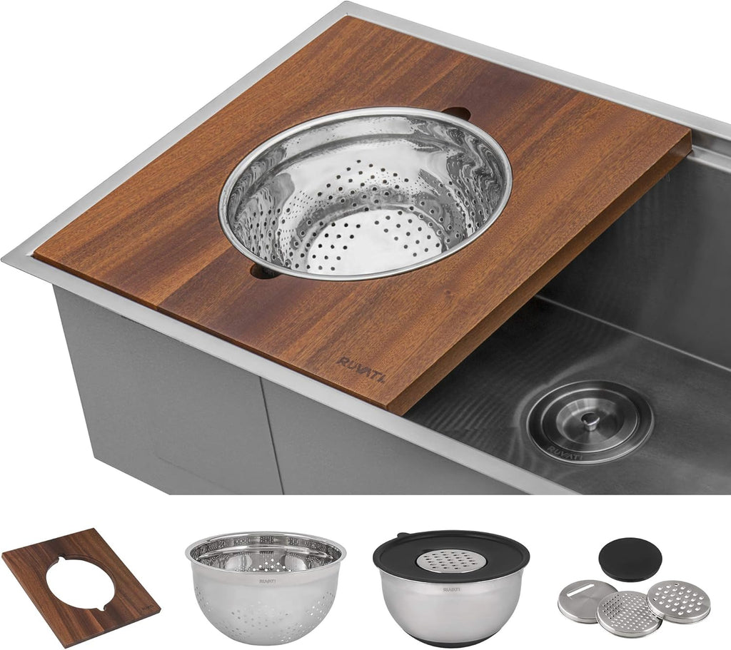 Ruvati 57-inch Undermount Workstation Kitchen Sink – 16 Gauge Stainless Steel Single Bowl with Ledges & Accessories – RVH8555