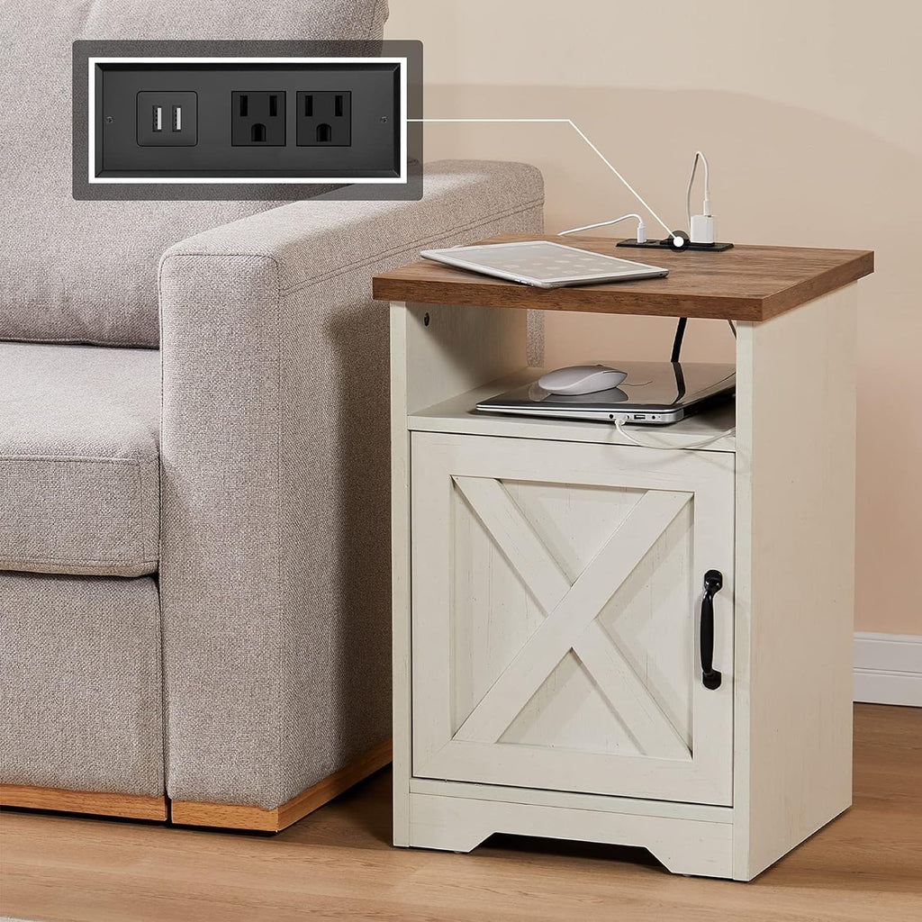 AMERLIFE 4 Pieces Living Room Table Sets, 98" Farmhouse Wall Unit TV Stand with Bookshelves & Wine Cabinet, Coffee Table & 2 End Tables with Charging Station and USB Ports, Living Room, Barnwood+White