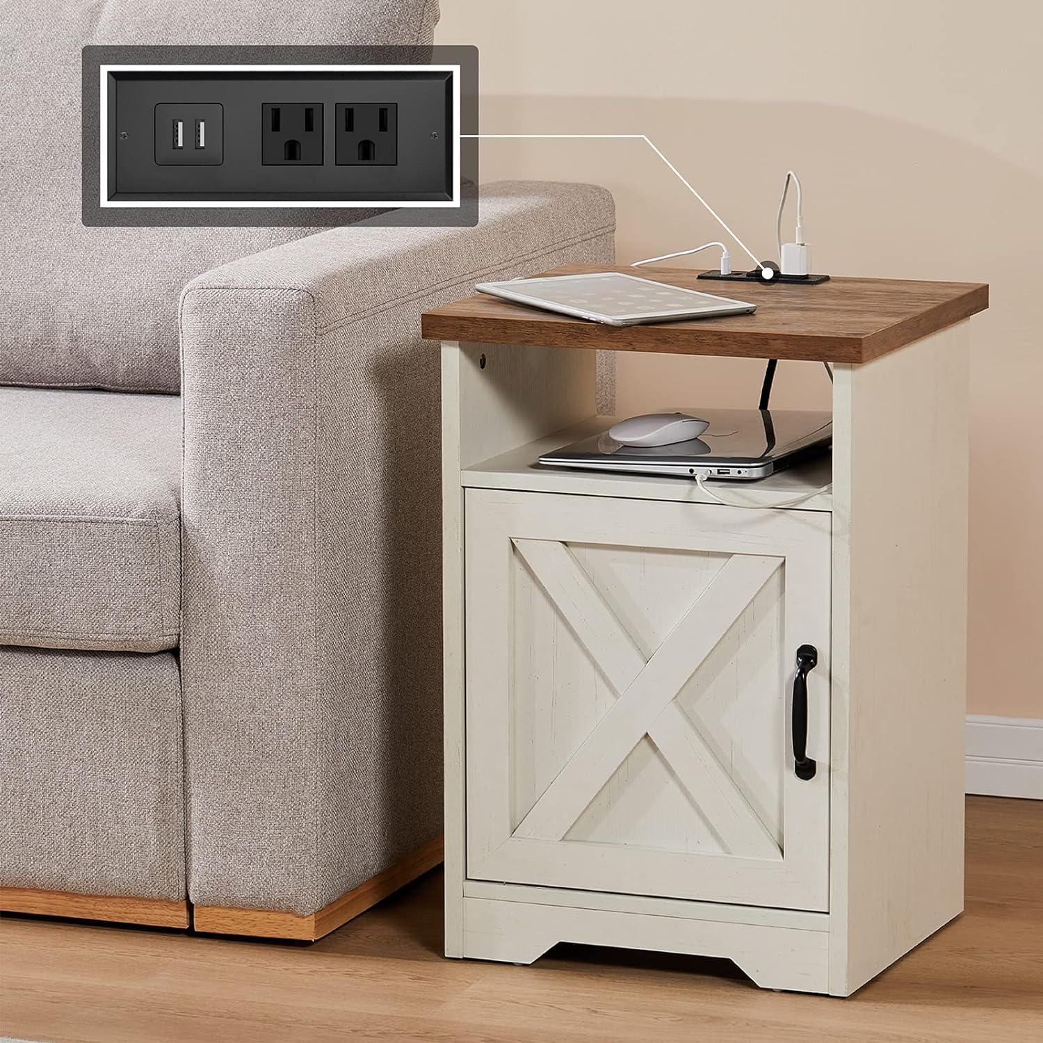 AMERLIFE 4 Pieces Living Room Table Sets, 98" Farmhouse Wall Unit TV Stand with Bookshelves & Wine Cabinet, Coffee Table & 2 End Tables with Charging Station and USB Ports, Living Room, Barnwood+White