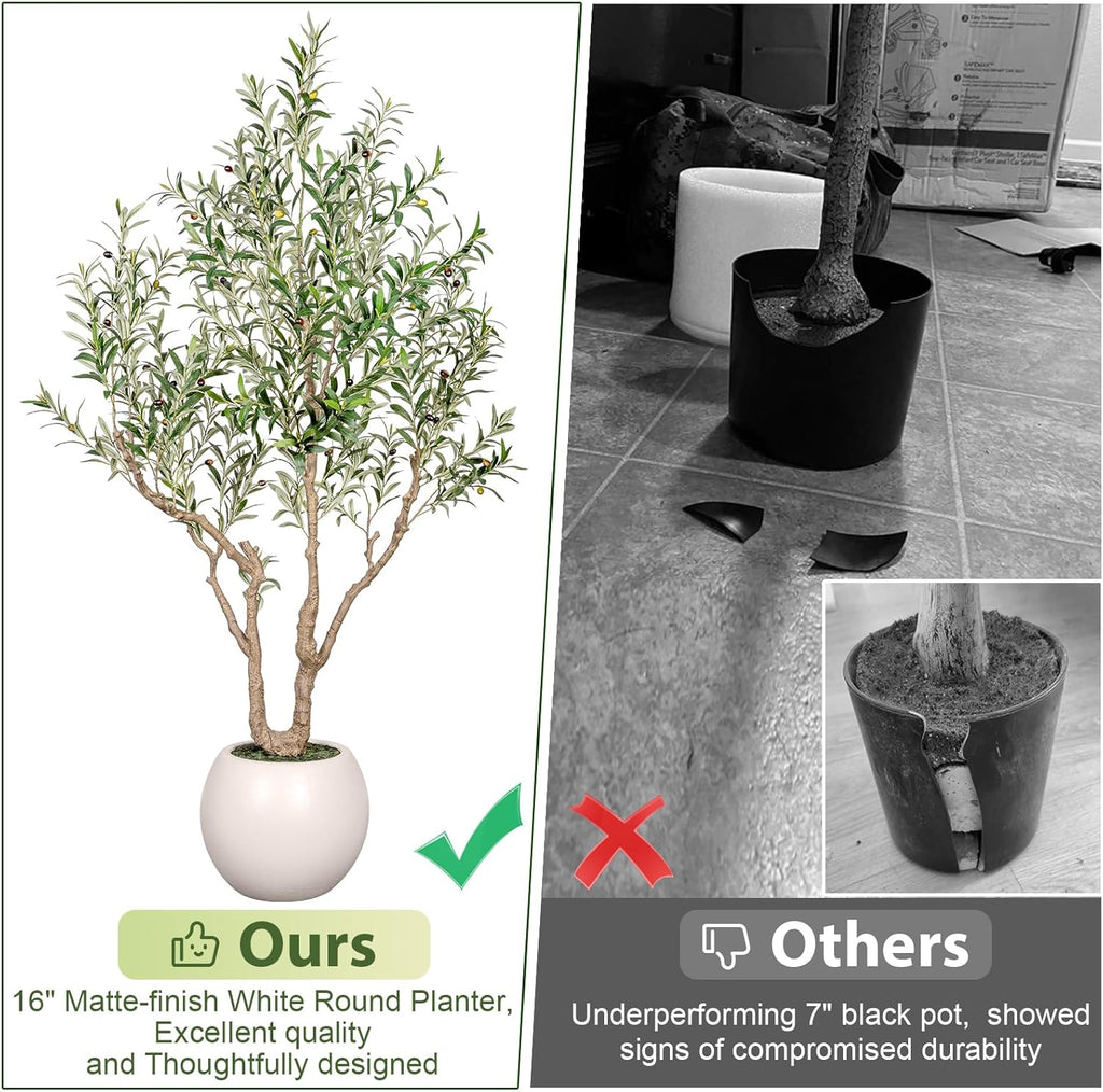VIVATREES Olive Tree Artificial Indoor, 7FT Tall Faux Olive Tree with 16in Round White Planter, Artificial Plants with Natural Wood Trunk and Lifelike Fruits for Home Office Decor