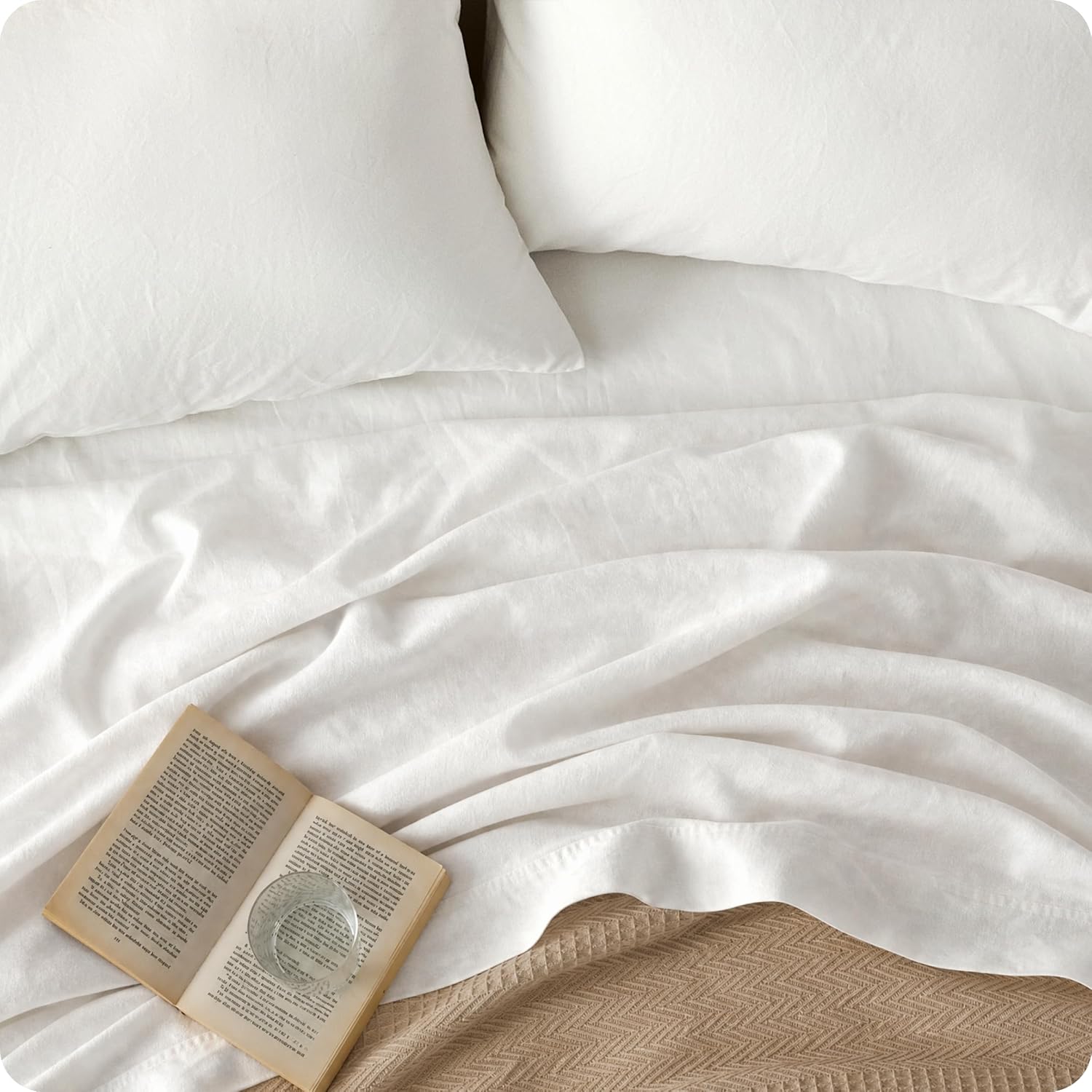 Bedsure Linen Sheets California King Size - Cotton Linen Blend Bed Sheets, Anti - Pilling, Ultra-Soft & Breathable, 16" Deep Pocket, PureWoven Natural Texture Improves with Use, 4 Pieces (White)