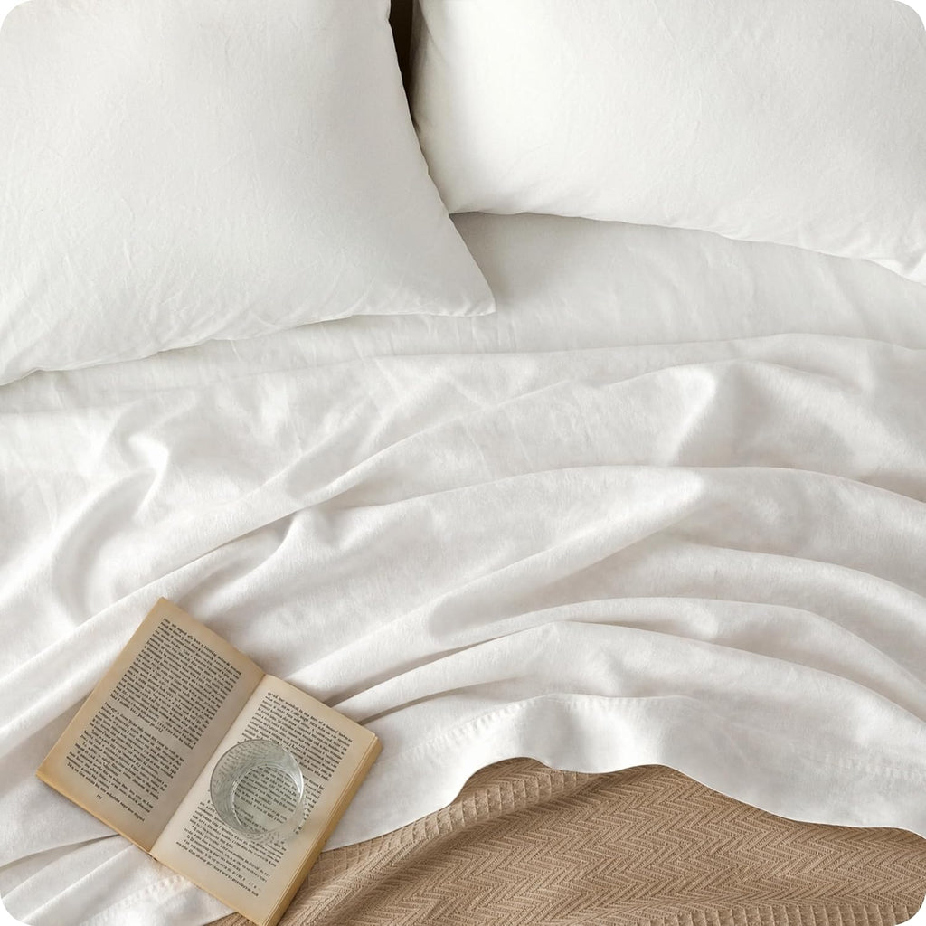 Bedsure Linen Sheets California King Size - Cotton Linen Blend Bed Sheets, Anti - Pilling, Ultra-Soft & Breathable, 16" Deep Pocket, PureWoven Natural Texture Improves with Use, 4 Pieces (White)