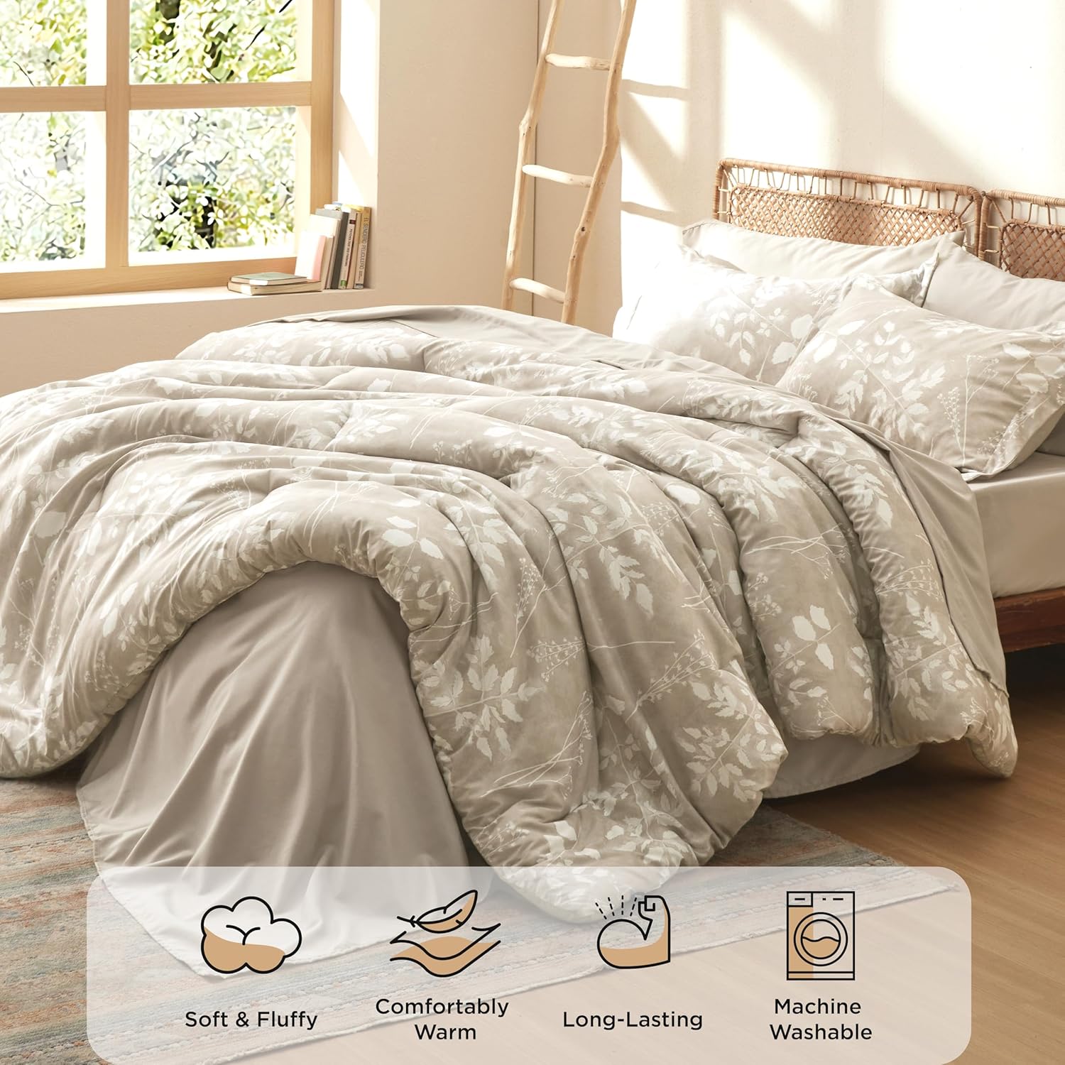 Bedsure Queen Comforter Set - 7 Pieces Floral Beige Soft Bedding Sets, Queen Bed in a Bag with Botanical Flowers Comforter, Sheets, Pillowcases & Shams