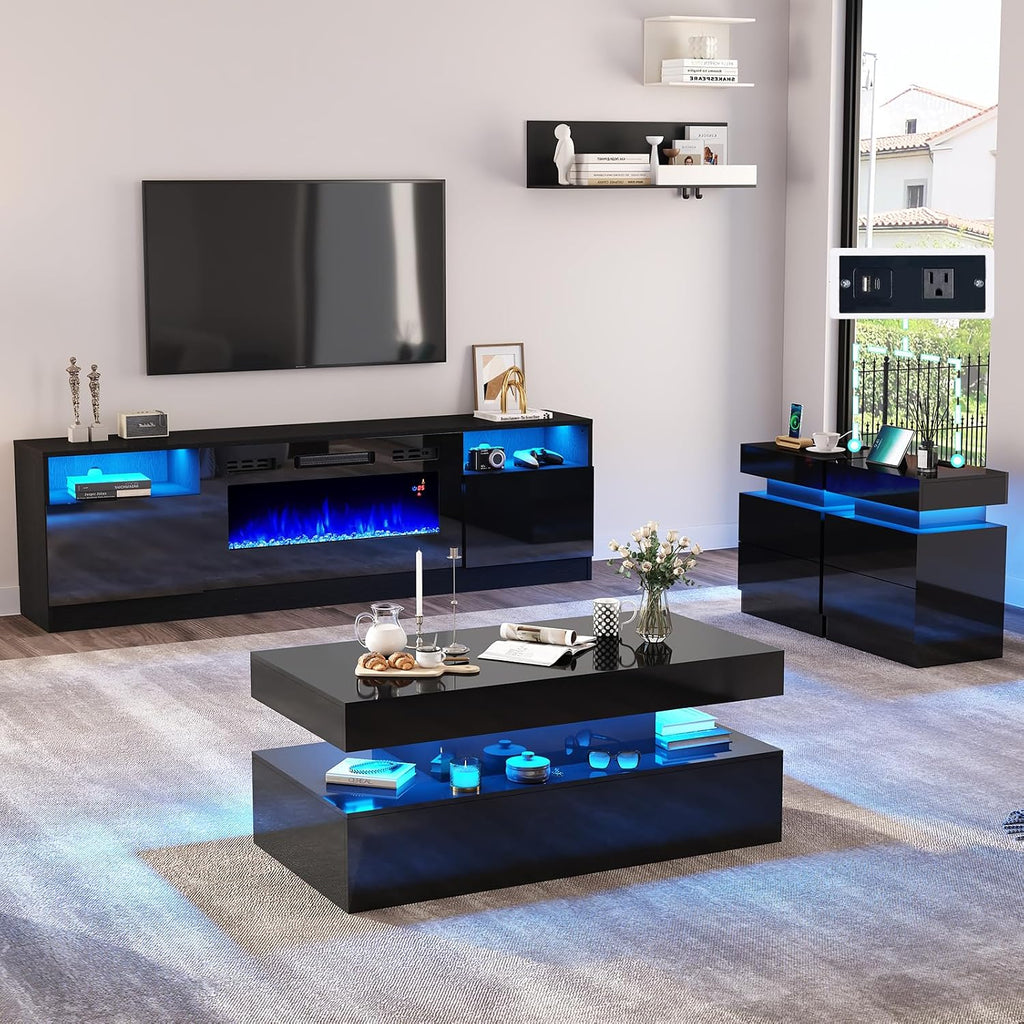 AMERLIFE 4-Piece Modern High Gloss Living Room Table Set, 70" Fireplace TV Stand, 39.4" Coffee Table with 2-Tier Storage, End Table Set of 2 with Charging Station, LED Lights/Black