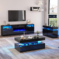 AMERLIFE 4-Piece Modern High Gloss Living Room Table Set, 70" Fireplace TV Stand, 39.4" Coffee Table with 2-Tier Storage, End Table Set of 2 with Charging Station, LED Lights/Black