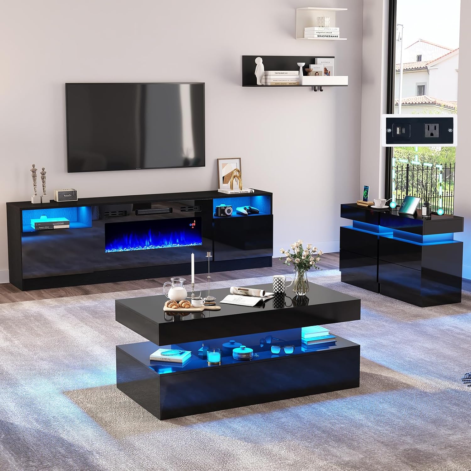 AMERLIFE 4-Piece Modern High Gloss Living Room Table Set, 70" Fireplace TV Stand, 39.4" Coffee Table with 2-Tier Storage, End Table Set of 2 with Charging Station, LED Lights/Black