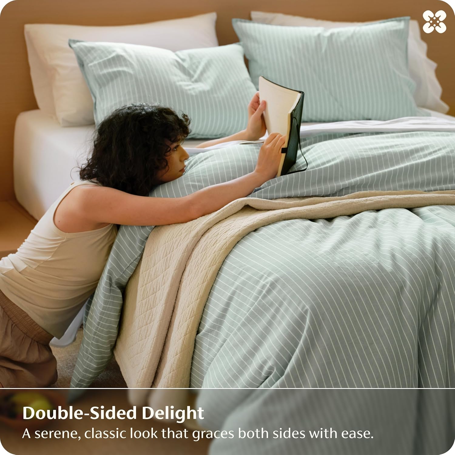 Bedsure Striped Duvet Cover Queen, 100% Washed Cotton Duvet Cover Linen‑Like, PureWoven with Reversible Yarn‑Dyed Design & Double‑Stitch Craft, 3-Piece with Zipper, Stripes Sage Green, 90"x90"