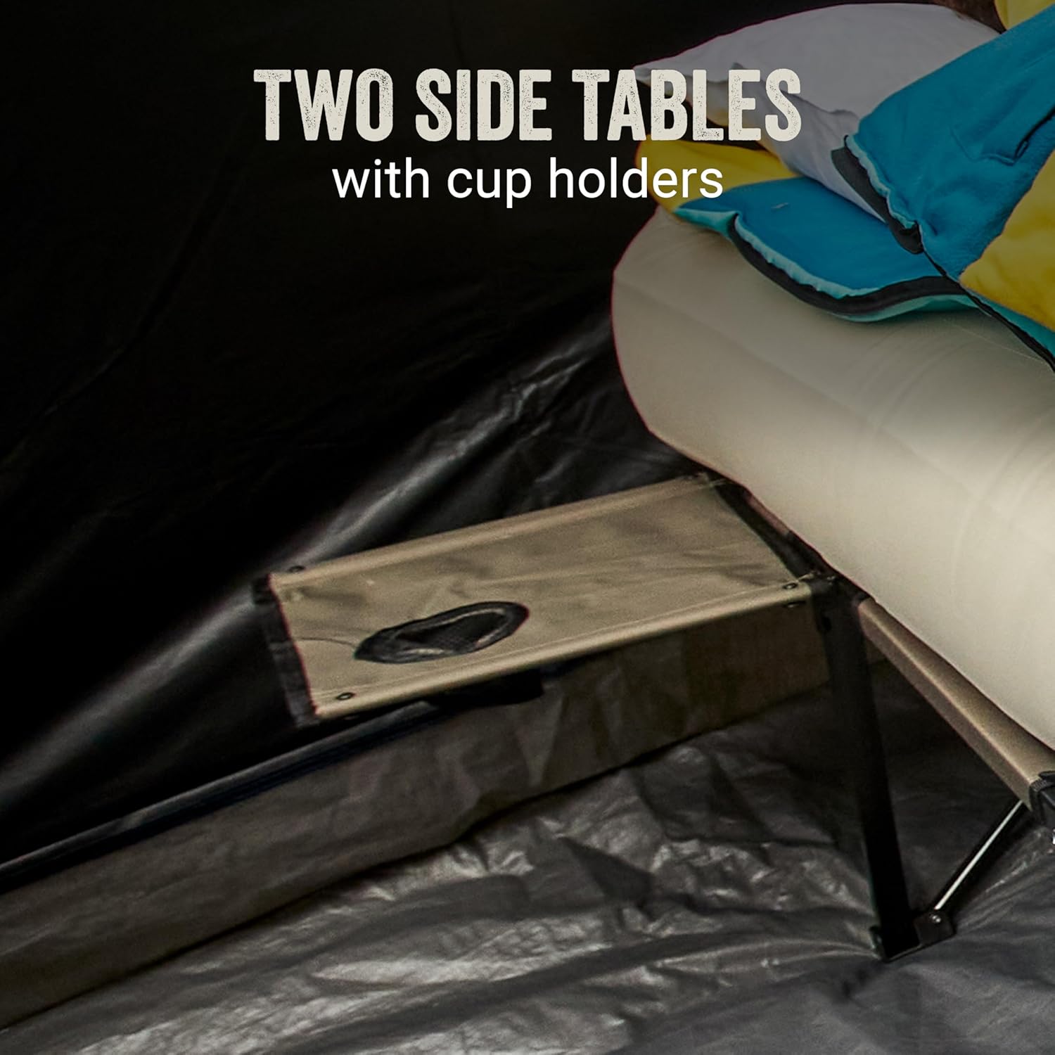 Coleman Queen-Size Airbed Cot Combination, Folding Air Mattress with Steel Frame & Side Table, Battery Pump Included, Great for Camping, Lounging, Elevated Sleeping, Guests, & More