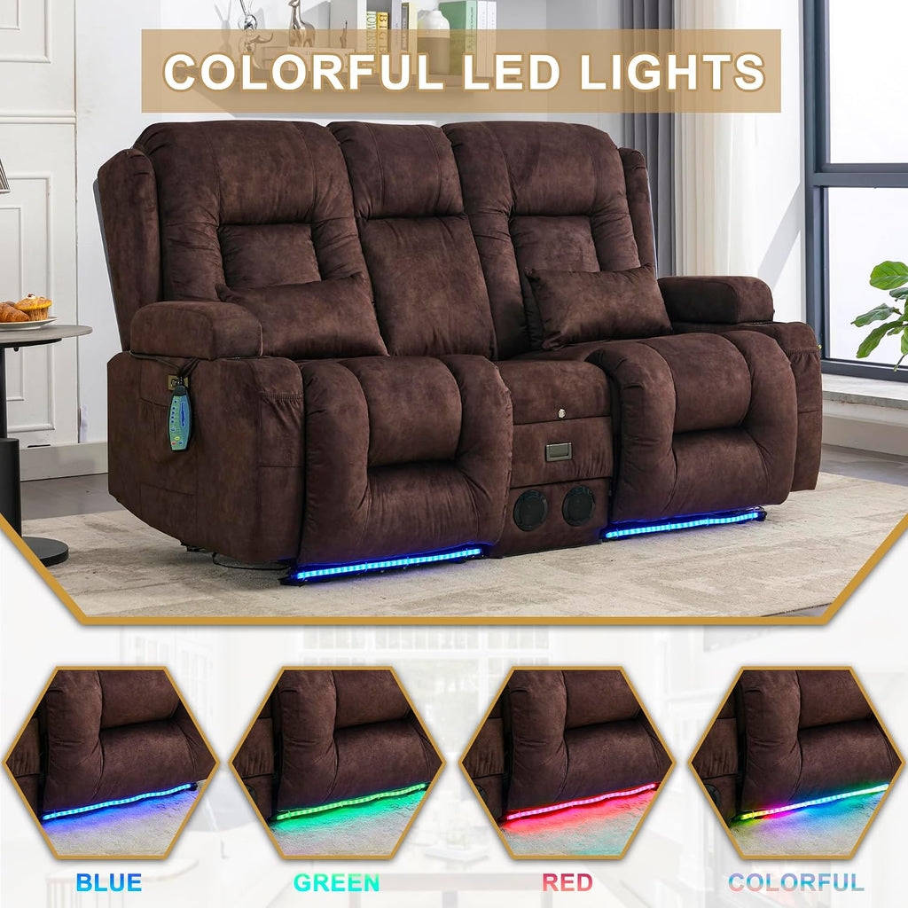 URRED Power Loveseat Recliner Sofa with Massage and Heat, Wall Hugger Reclining Loveseat with Console, RV Couch Home Theater Seating with LED Lights for Living Room (Brown, 67" - 2 Seats)
