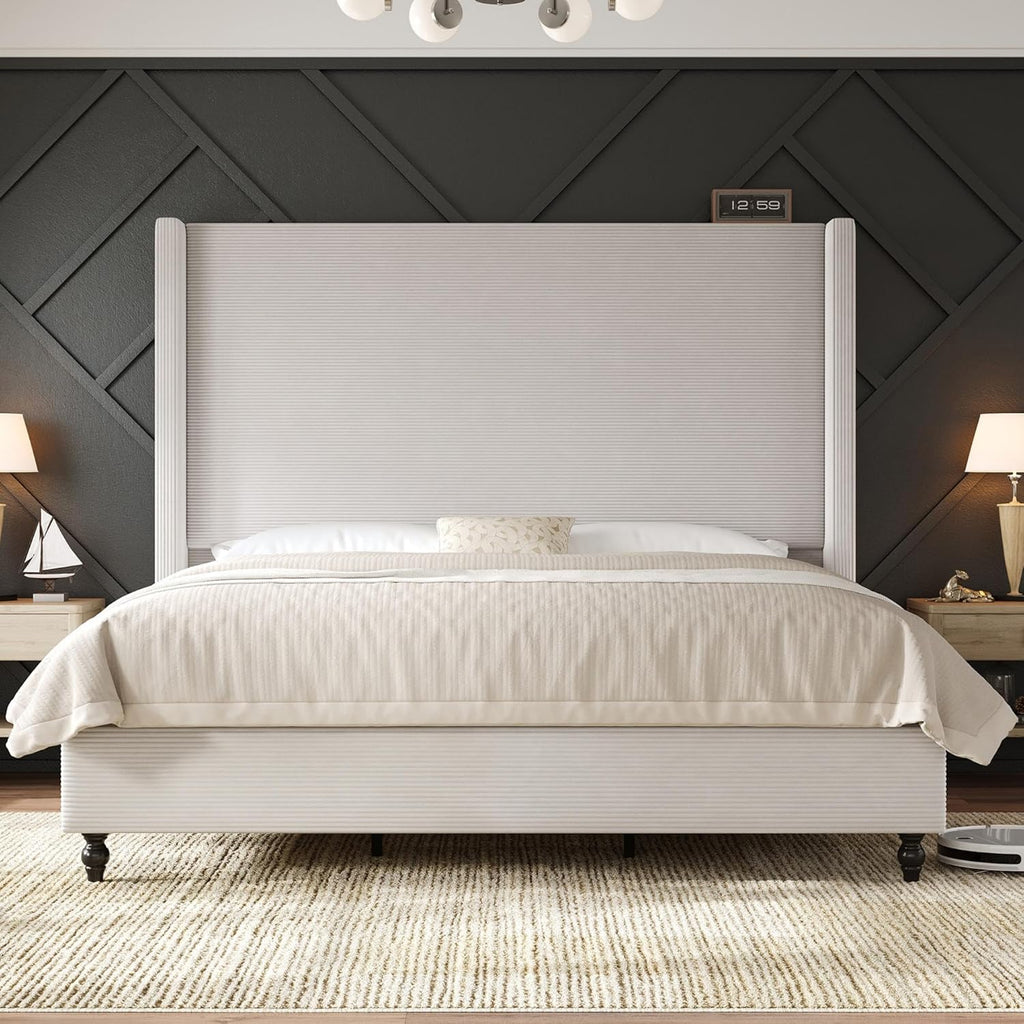 AMERLIFE King Size Bed Frame with 65" Tall Headboard, Upholstered Corduroy Bed Frame with Wingback, Platform Bed with Solid Wood Gourd Legs, Solid Slats, No Box Spring Needed, White