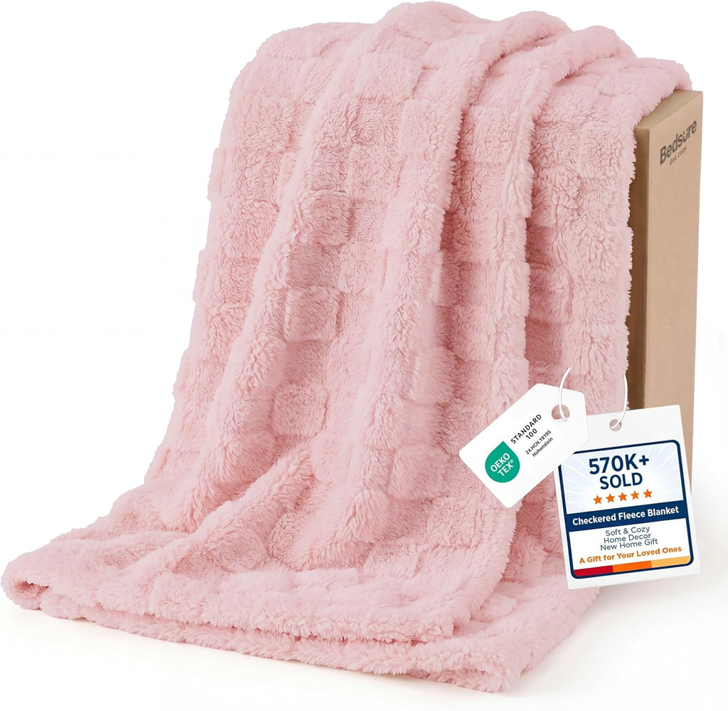 Bedsure GentleSoft Pink Throw Blanket for Couch - Checkered Fleece Blankets, Cute Soft Cozy Throw for Bedroom Home Decor Gifts for Kids Girls, 50x60 Inches