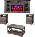 AMERLIFE 4 Pieces Living Room Table Sets, 70" Farmhouse TV Stand with 33" Electric Fireplace, Coffee Table & 2 End Tables with Charging Station and USB Ports, Living Room, Dark Oak