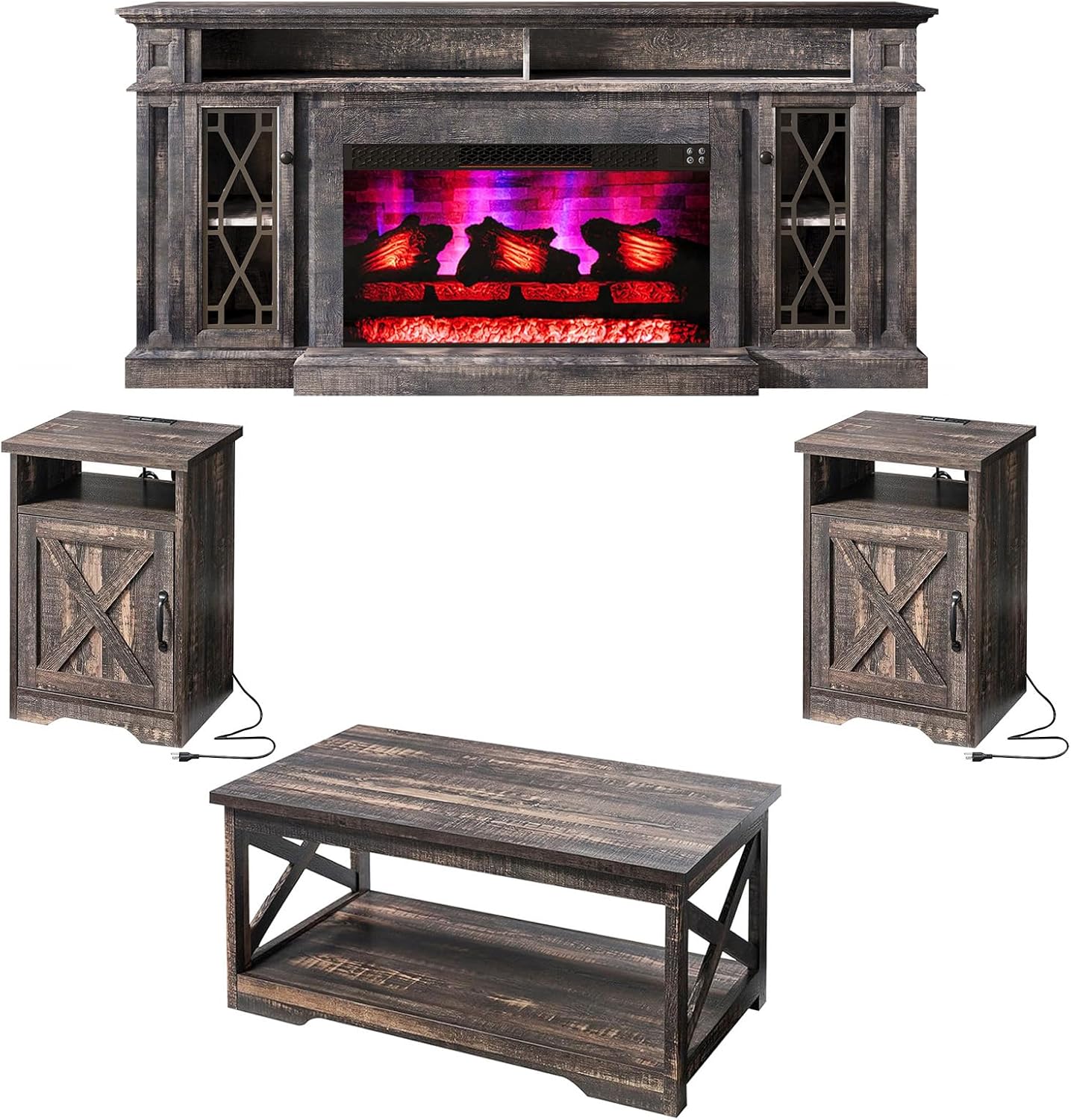 AMERLIFE 4 Pieces Living Room Table Sets, 70" Farmhouse TV Stand with 33" Electric Fireplace, Coffee Table & 2 End Tables with Charging Station and USB Ports, Living Room, Dark Oak