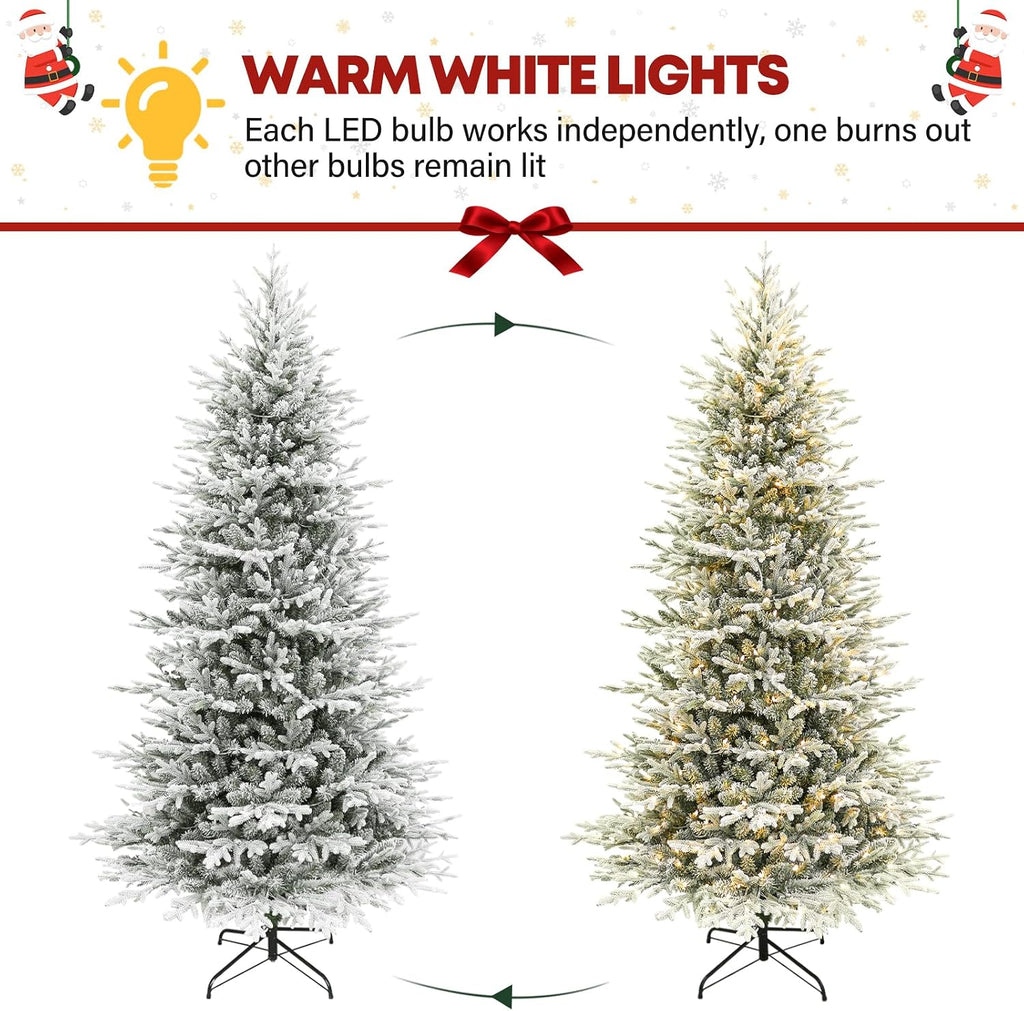 7.5 ft Lighted Artificial Flocked Christmas Tree, 450 Warm White LED Lights, 2933 PE&PVC Realistic Frosted Tips, Metal Stand and Hinged Branches Included