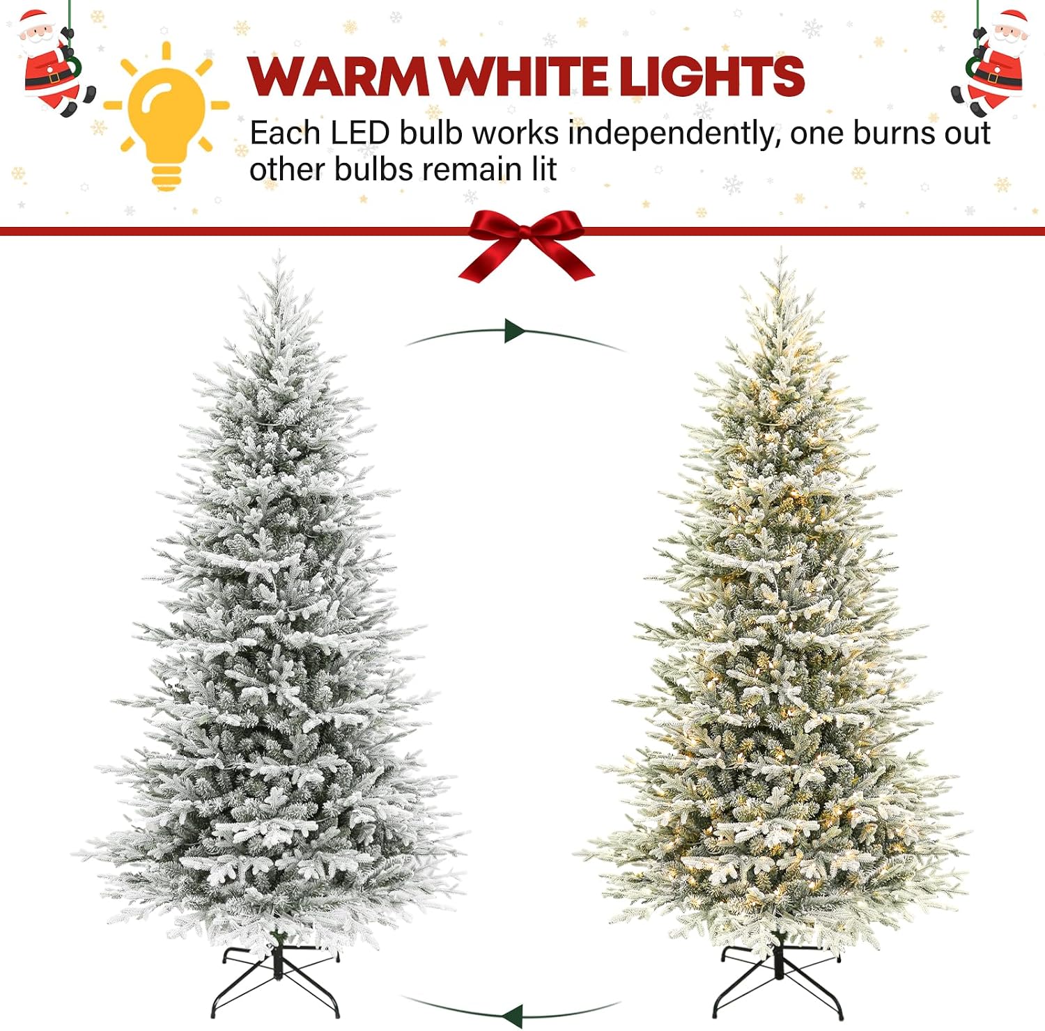 7.5 ft Lighted Artificial Flocked Christmas Tree, 450 Warm White LED Lights, 2933 PE&PVC Realistic Frosted Tips, Metal Stand and Hinged Branches Included