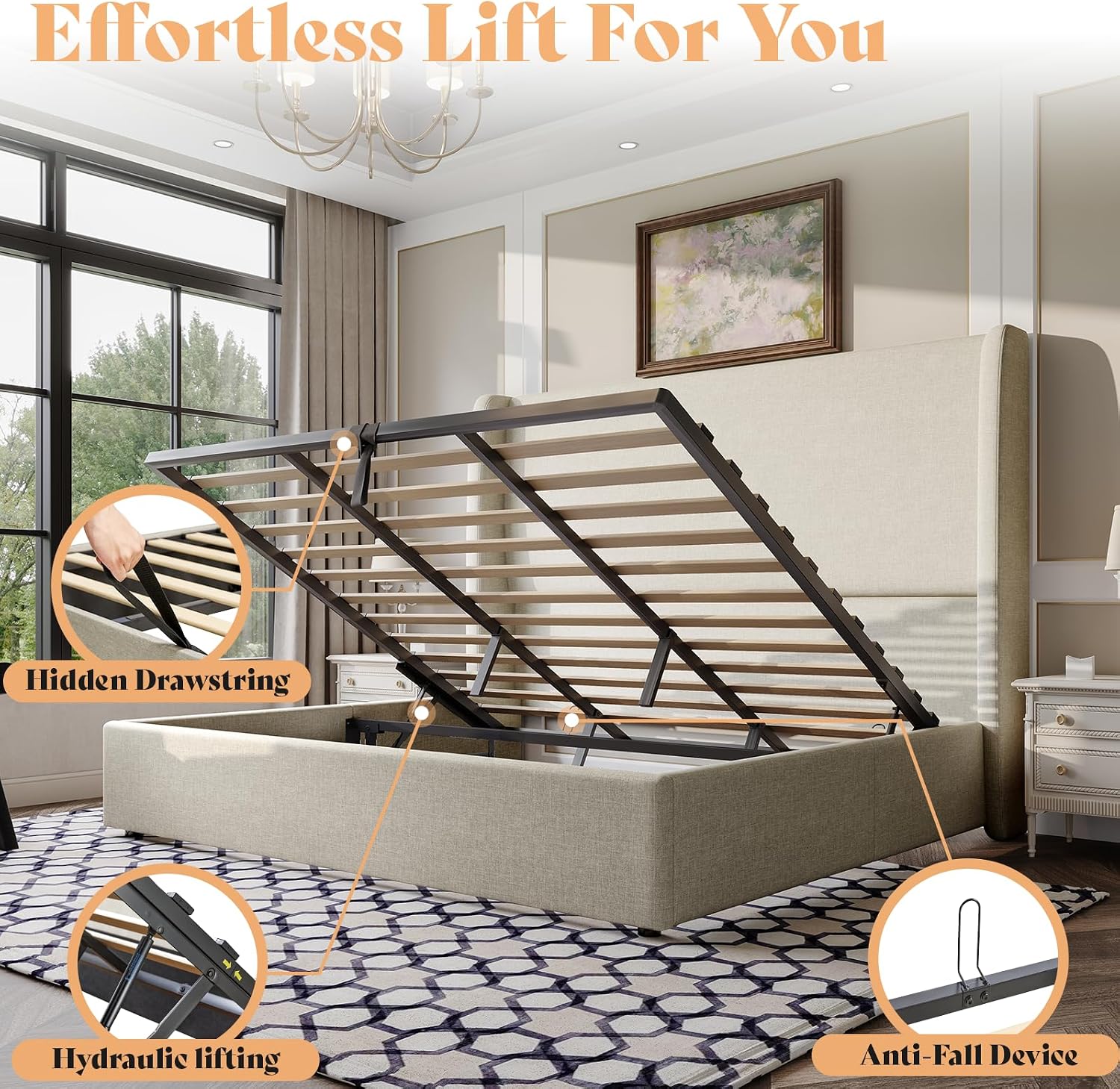 AMERLIFE Lift Up Storage Bed Queen Size Linen Upholstered Platform Bed Frame, Hydraulic Storage,Modern Wingback Headboard, No Box Spring Needed, Khaki