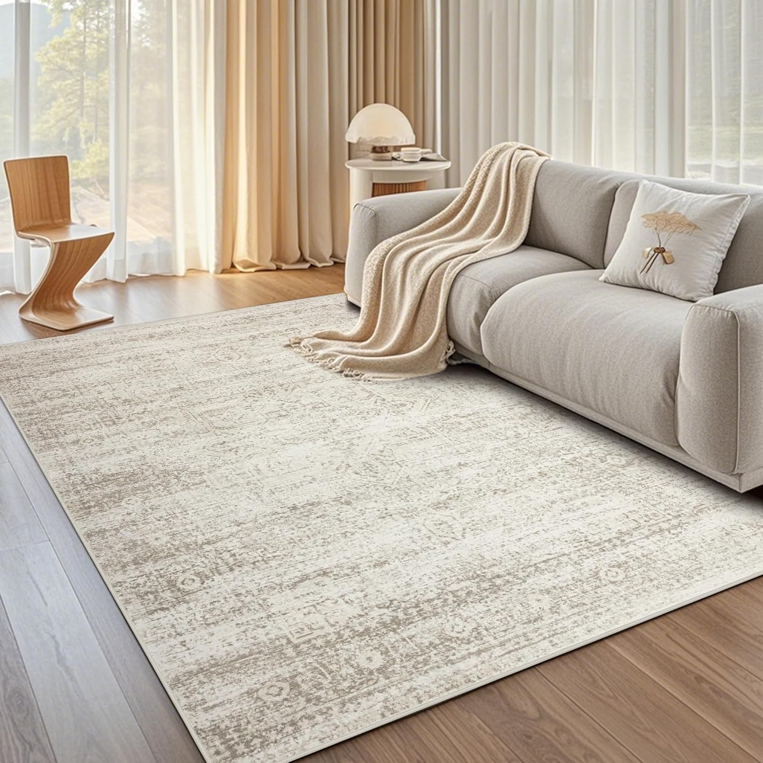 Srugn Washable Rugs 5x7 Area Rugs for Living Room,Bedroom,Dining Room- Ultra Soft Faux Wool Nursery Rug for Baby Girl,Neutral Light Pink Low Pile Vintage Carpets for Dorm Kids Playroom,Non Slip