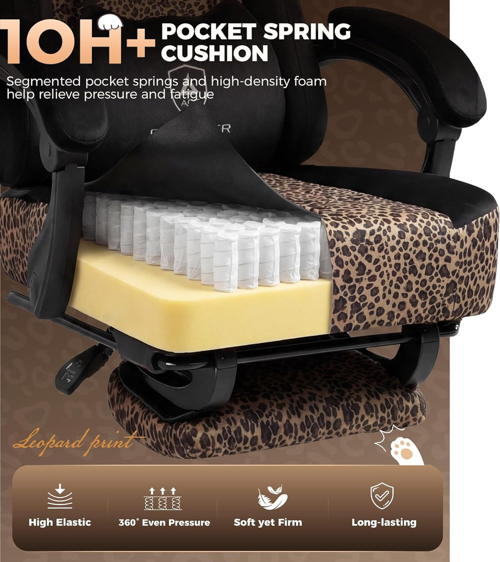 GTPLAYER Gaming Chair with Leopard Print Cat, Cute Velvet Fabric Ergonomic Office Chair with Footrest Headrest and Lumbar Support, Big and Tall Comfortable Video Gamer Chair for Women Gift