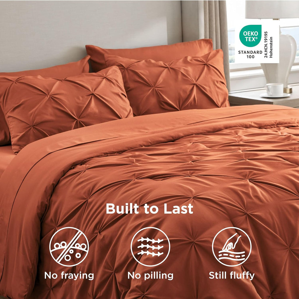 Bedsure King Size Comforter Set Burnt Orange - Bed in a Bag Bedding Set 7 Pieces, GentleSoft™ Pintuck Bed Set Gift for Family, All Season Down Alternative Comforter with Sheets, Pillowcases & Shams