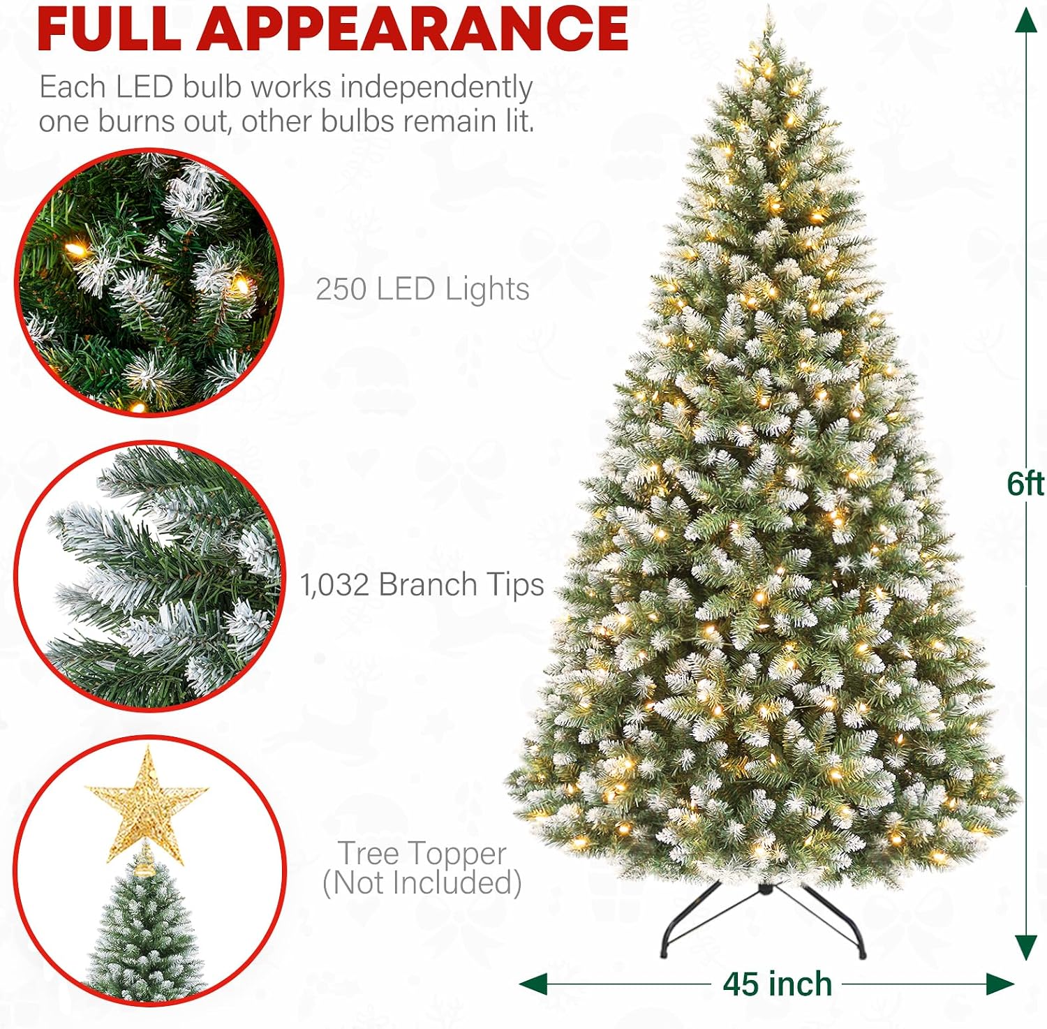 6 ft Lighted Artificial Snow Flocked Christmas Tree, 250 LED Warm White Lights, 1032 PVC Branch Tips, Easy Assembly for Indoor Holiday Decorating