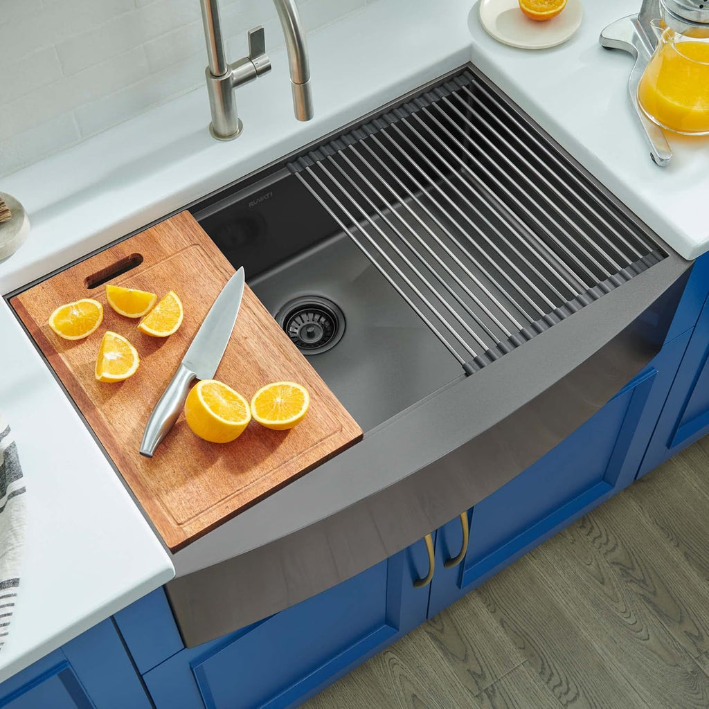 Ruvati 33-inch Gunmetal Black Workstation Kitchen Sink - Apron-Front Stainless Steel Kitchen Sinks with Brushed Finish, Easy-to-Clean, Undermount Kitchens Sink - RVH9207BL