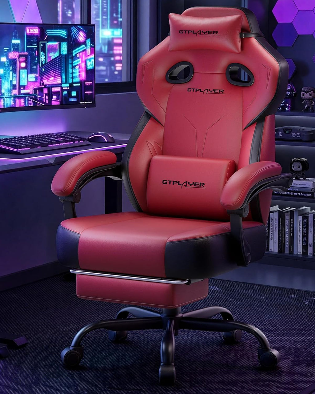 GTPLAYER Big & Tall Gaming Chair, 90°-155° Adjustable Reclining Office Seat with Footrest, Ergonomic Comfy Computer Desk Chair for Adults, Home Office Gaming Study Use, Wine Red (Leather)