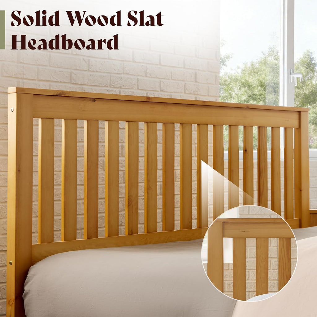 AMERLIFE Full Bed Frame, Solid Wood Platform Bed with Vertical Slats Headboard, Wooden Bedframe Full-Size, Sturdy Wooden Slats Support, No Box Spring Needed, Noise Free, Light Wood