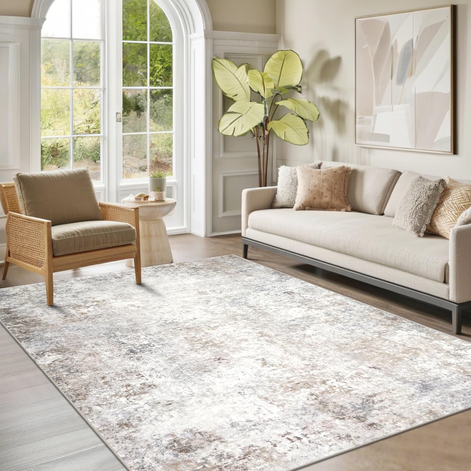 Srugn Washable Area Rug for Living, Bedroom & Dining Room, Ultra Soft Faux Wool Retro Large Carpet, Non-Slip/Shedding Low Pile Vintage Print for Home Office Decor, Beige Ivory Cream Brown Camel, 5x7